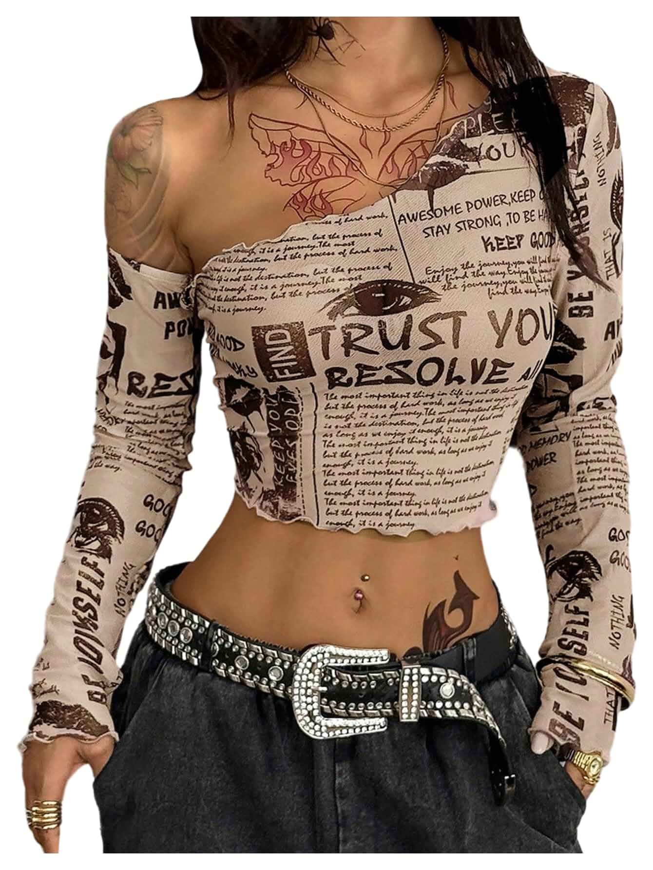 WDIRARA Women's Newspaper Print Off The Shoulder Tops Long Sleeve Mesh T Shirts Y2k Crop Tops Long Sleeve