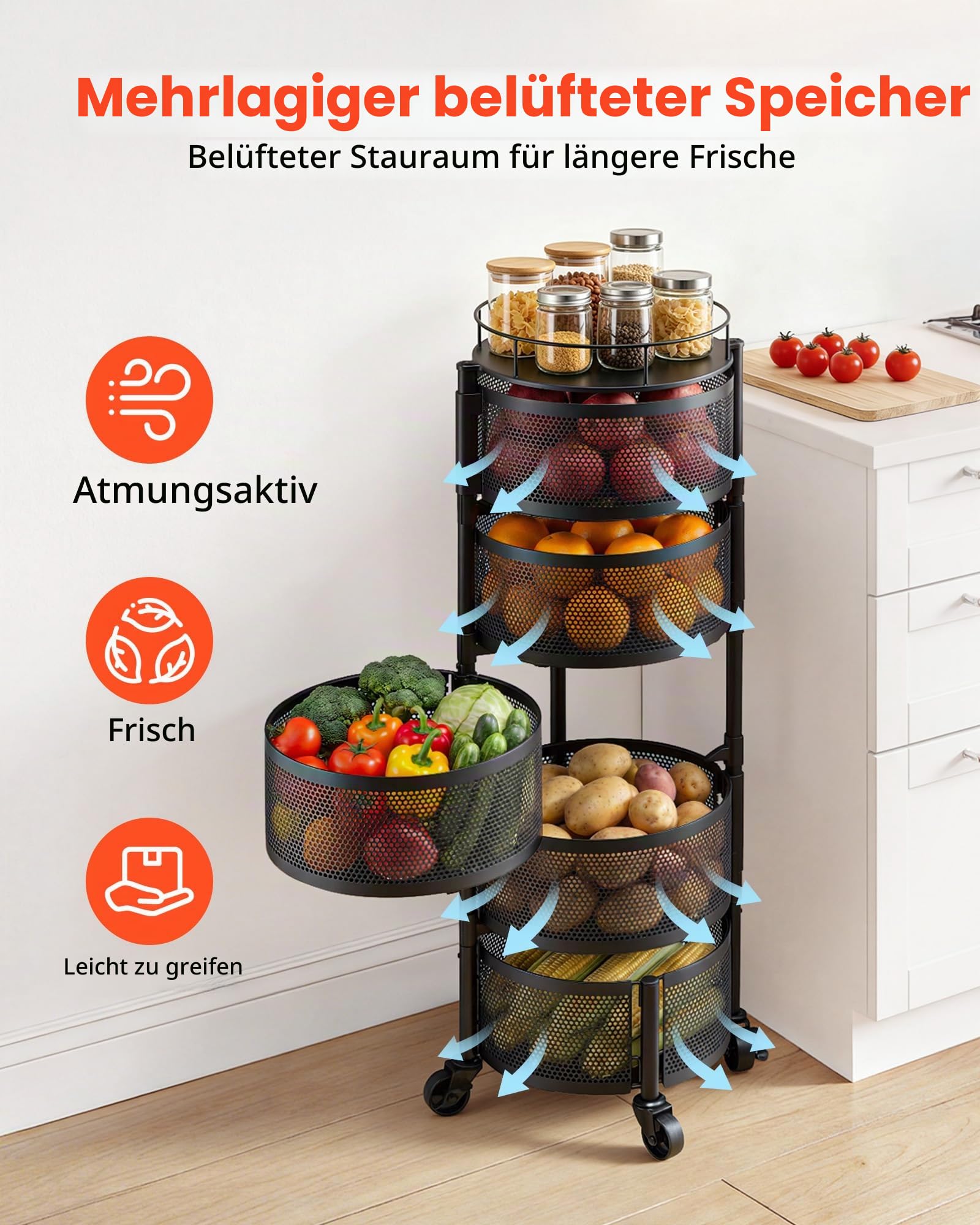 VEVOR Gemüseregal Küchenwagen mit 5 Ebenen, Obstkorb, Gemüsekorb aus Metall, Fahrbarer Drahtkorb-Organizer auf Rollen, Schwarzer Aufbewahrungswagen, ideal für Küche, Bad & Kinderzimmer