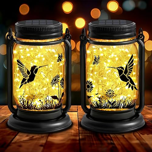 Paquete de 2 linternas solares de colibrí para exteriores, regalos de cumpleaños para el día de la madre para mujeres, mamá, abuela, tarro de