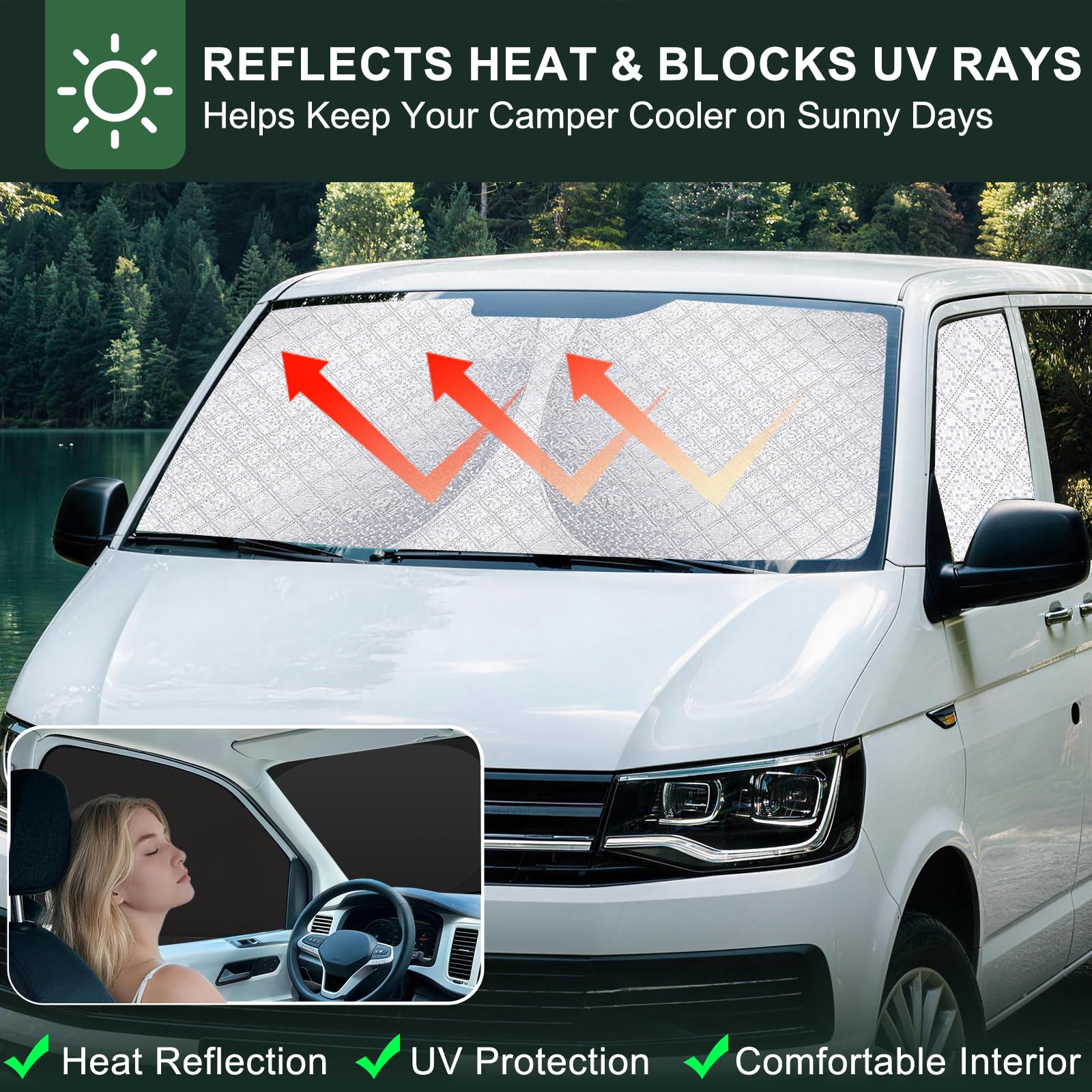 Sonnenschutz Für VW T5 T6 Frontscheibe, Magnetische Frontseitenscheiben | Für VW T5/T6 Camper 3er-Pack, Magnetische Seitenfenster, Verdunkelung & Privatsphäre, UV-Schutz, Ideal für Reisen