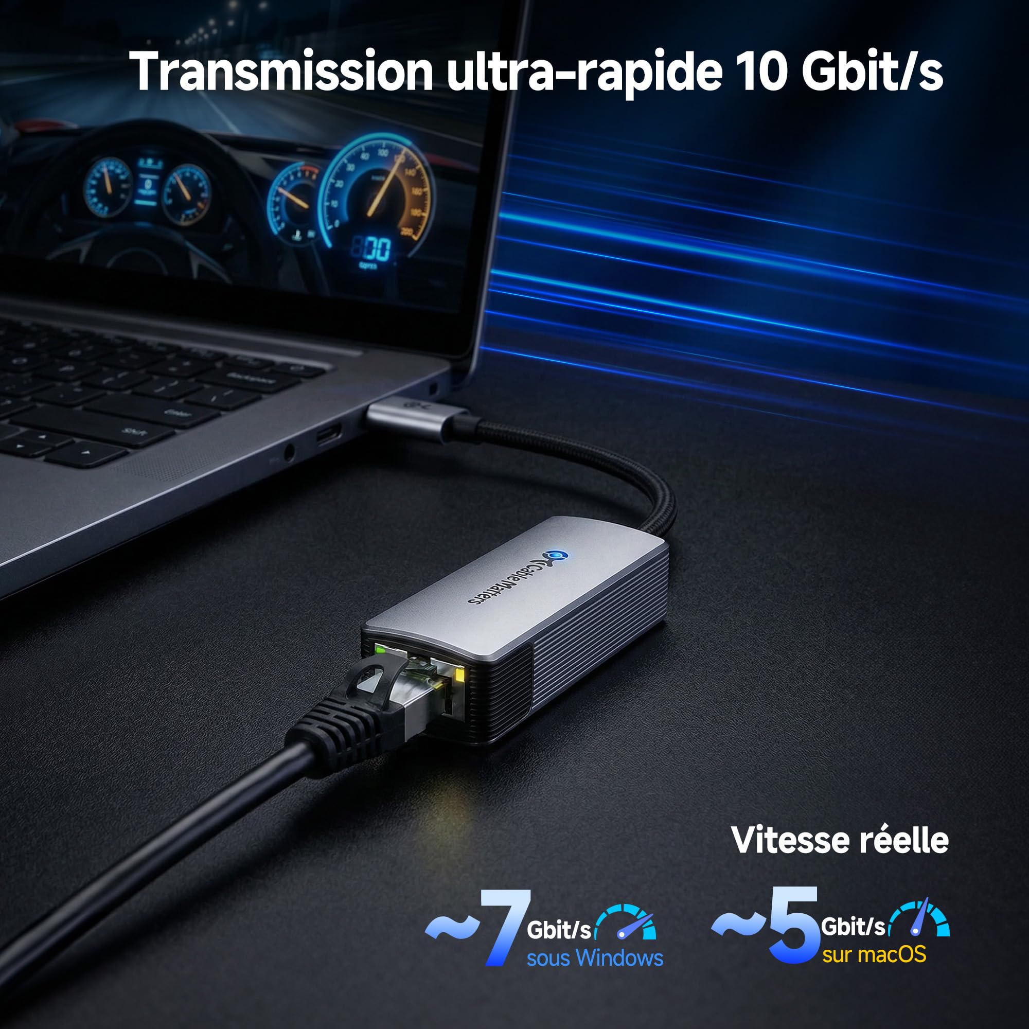 Cable Matters Adaptateur Ethernet USB-C 10GbE en Aluminium | Compatible avec USB4/TB 5, fonctionnement silencieux et frais, vitesse réelle env. 7Gbit/s sous Windows / 5Gbit/s sous macOS