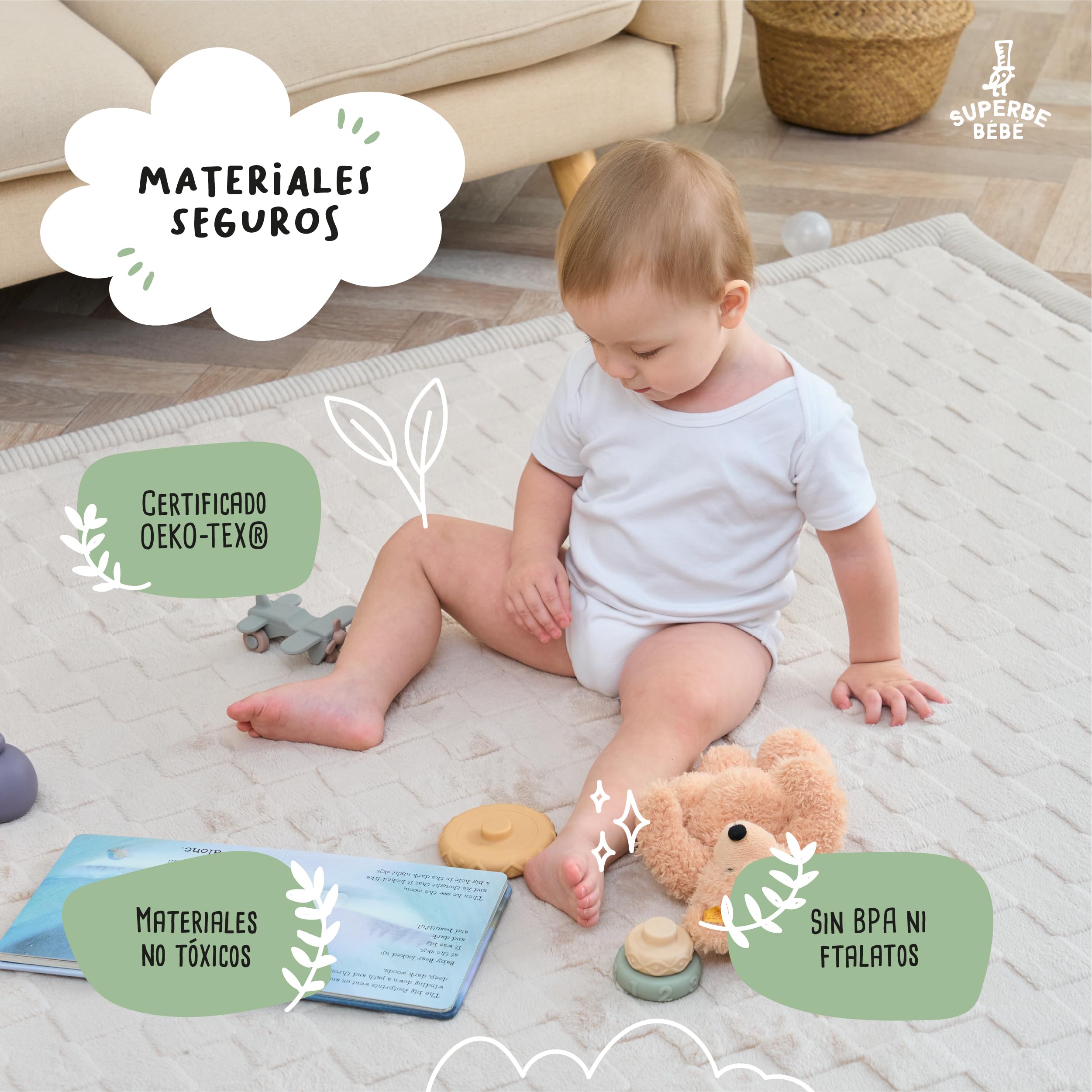 SUPERBE BEBE – Alfombra de Juego y Gateo para Bebé 150 × 200 × 2,5 cm – Gruesa y Antigolpes – Espuma Memory No Tóxica con Certificación Oeko-Tex – Alfombra para Habitación de Niños – Diseño Elegante