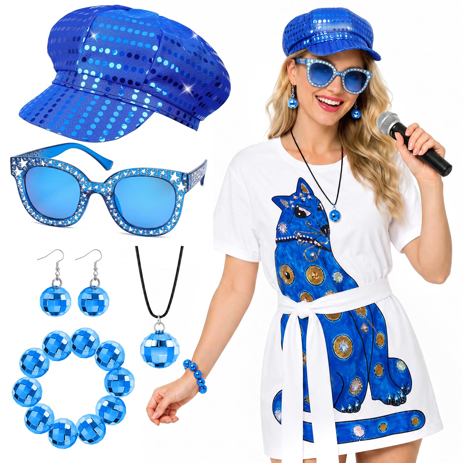 7 PCS 70s Disco Costume for Women, 1970s Fancy Dress Outfit, S-XL (Blue, M)