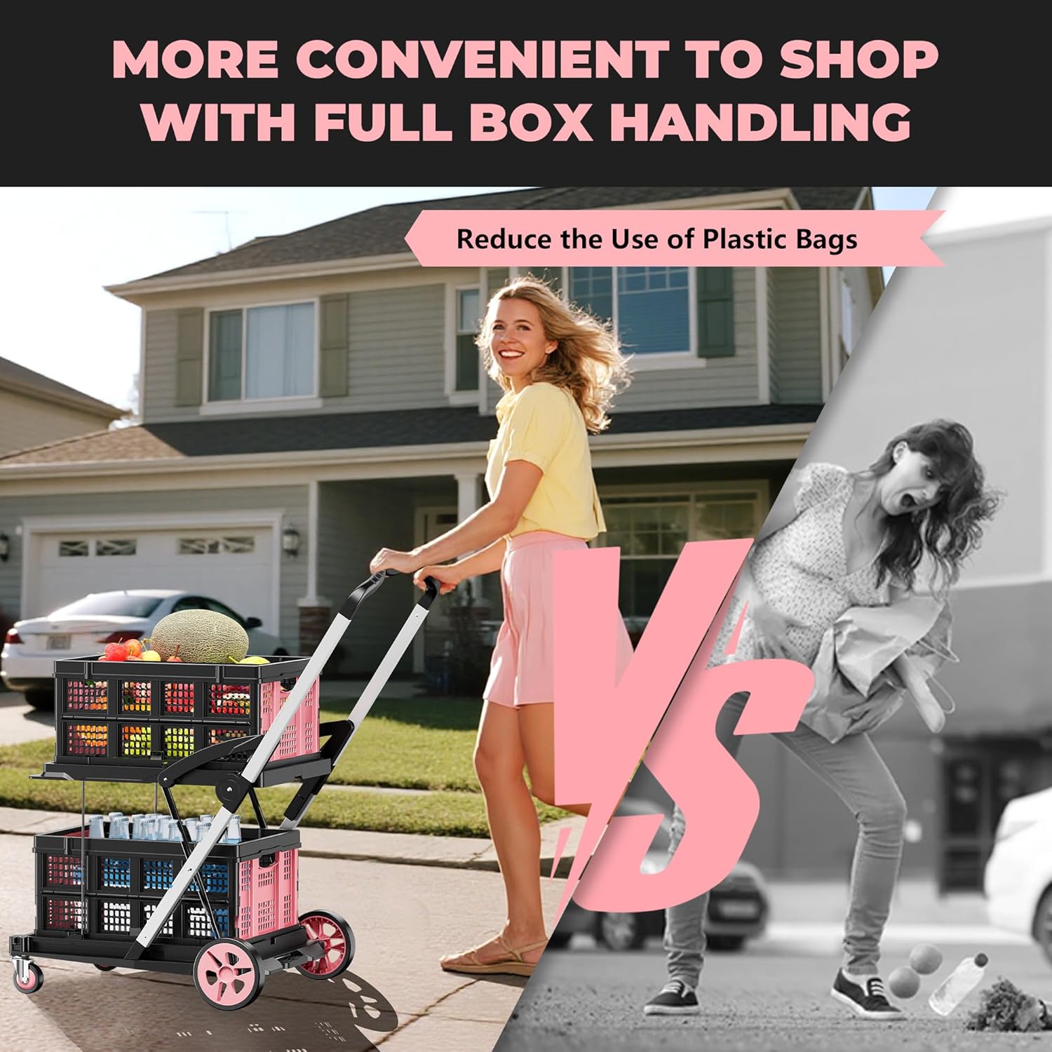 SILVEL Collapsible Shopping Cart with Wheels, 8-in-1 200LBS Capacity Grocery Cart on Wheels with 2 Storage Crate, Folding Utility Cart for Shopping, Travel, Supermarket, Office, Pink
