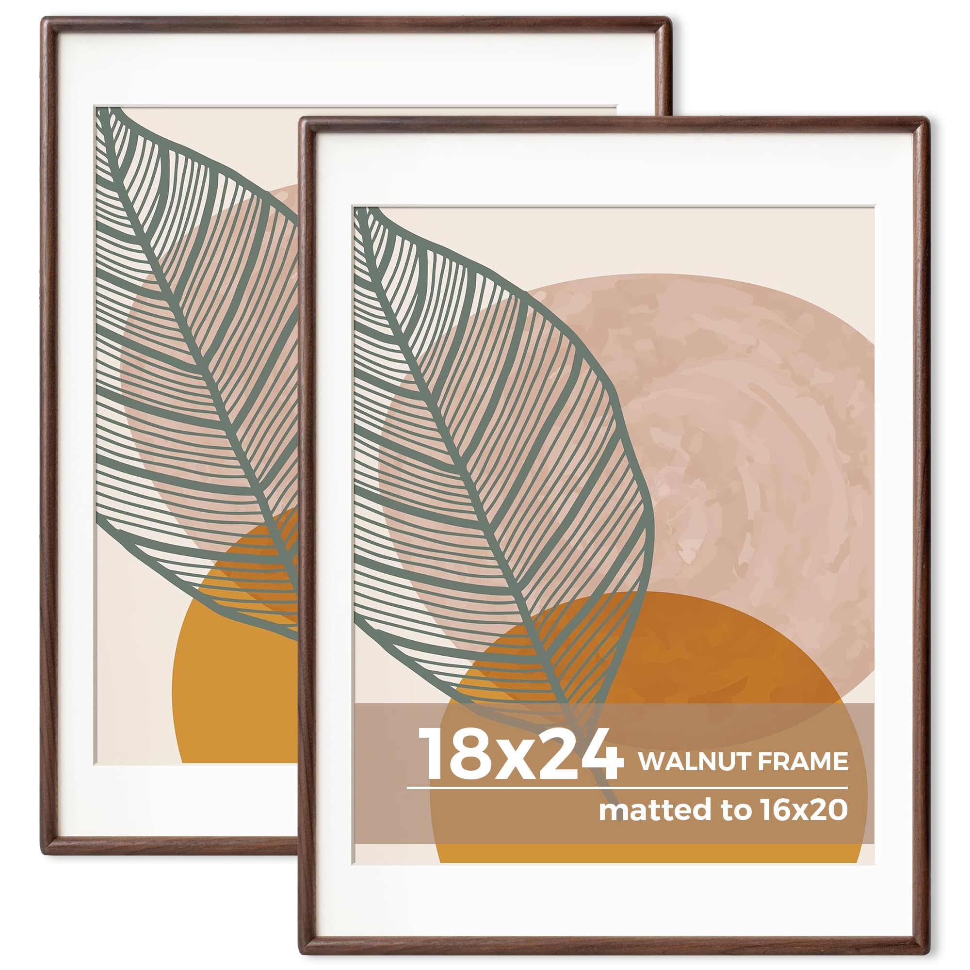 Axeman 18 x 24 Walnut Frame Set of 2 - Rounded Corner 18x24 Picture Frame Matted to 16x20 - Natural Walnut Wood Poster Frame with Tempered Glass for Wall Mount Display
