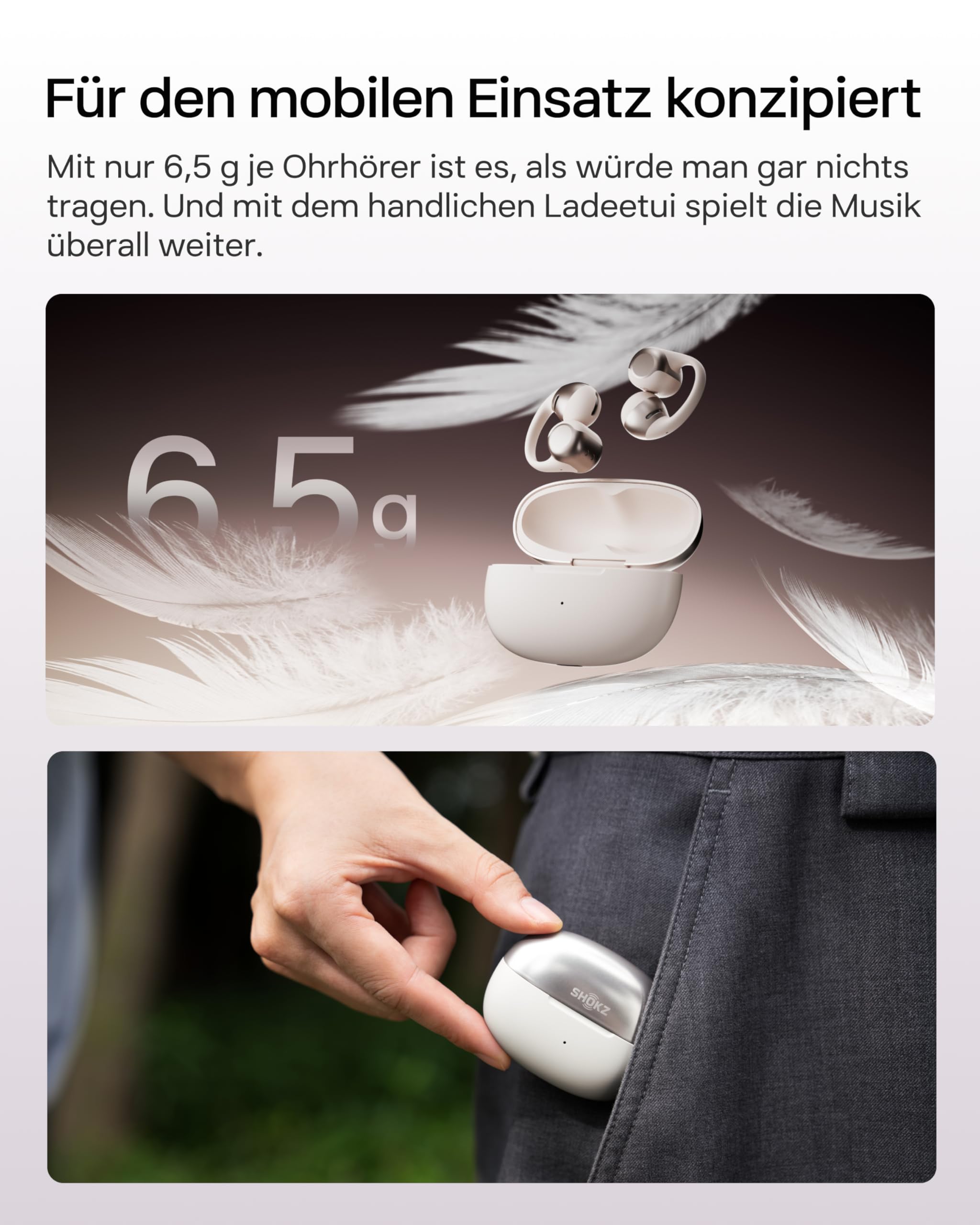 SHOKZ OpenDots ONE Open Ear Kopfhörer, Premium Dolby Audio, Clip On Earbuds mit Mikrofon, Bluetooth 5.4, schnelles Aufladen, 40 Stunden Spielzeit, IP54, Gewicht 6,5g, mit Reinigungstuch, Grau