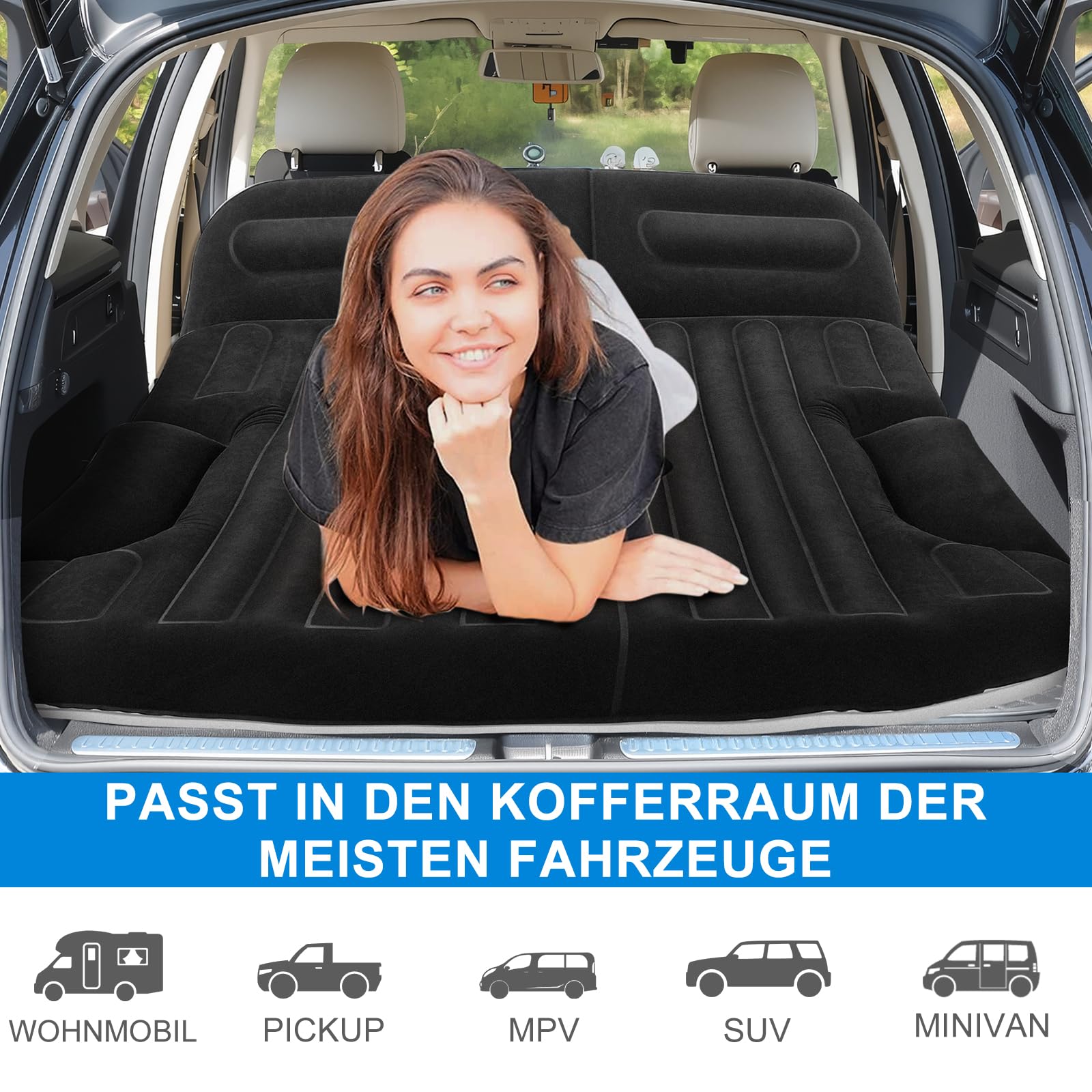 KMZ Auto Luftmatratze für SUV und Auto, Aufblasbares Autobett für Camping, Doppelseitig Beflockte Automatratze für Kofferraum und Rückbank