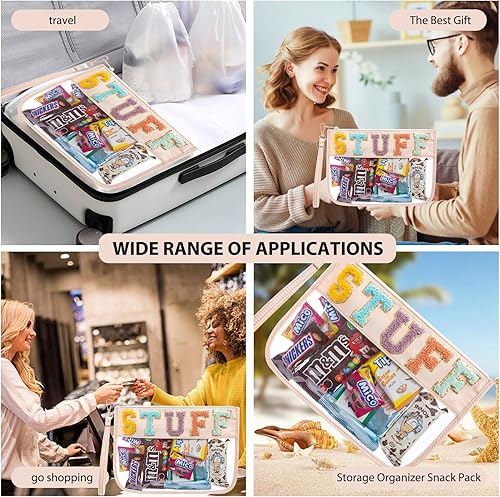 Miniatura 5 de HANAMO Bolsa transparente de felpilla con monograma transparente para estadio, bolsa de parche de viaje con letras de chenilla, bolsa de parche de