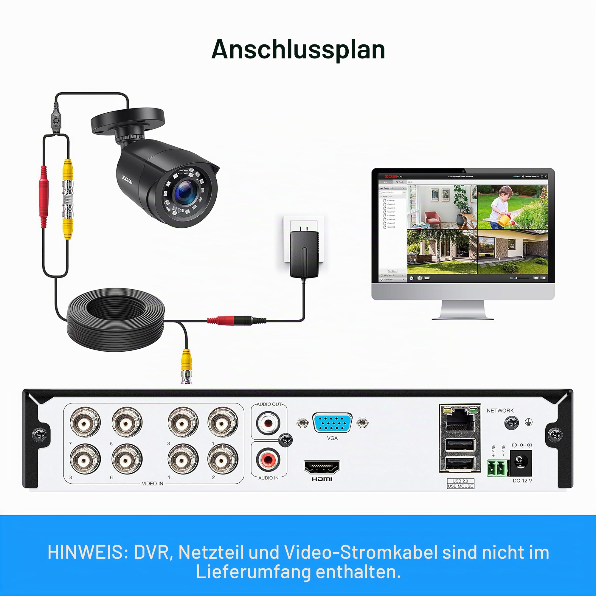 ZOSI 4 Stück 2MP 1080P Outdoor Video Überwachungskamera Set mit Netzteil und Videokabel, 1080P TVI HD BNC Ausgang, Für Ihnen und Außen, Zusatzkamera Set für CCTV DVR System | Objektiv 3,6 mm, Blickwinkel 90 °, Nachtsicht, 24 m, wasserdicht, IP66, für Vide