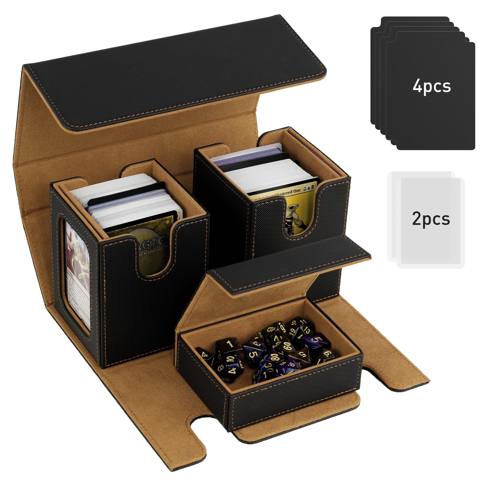 Timovo Black Gold Mtg Commander Deck Box, Holds 200+ Double-Sleeved Cards,Leather Magnetic Card Storage Box With 2 Commander Display & 4Dividers & Dice Tray Fit Yugioh Tcg Ccg Magic Cards,
