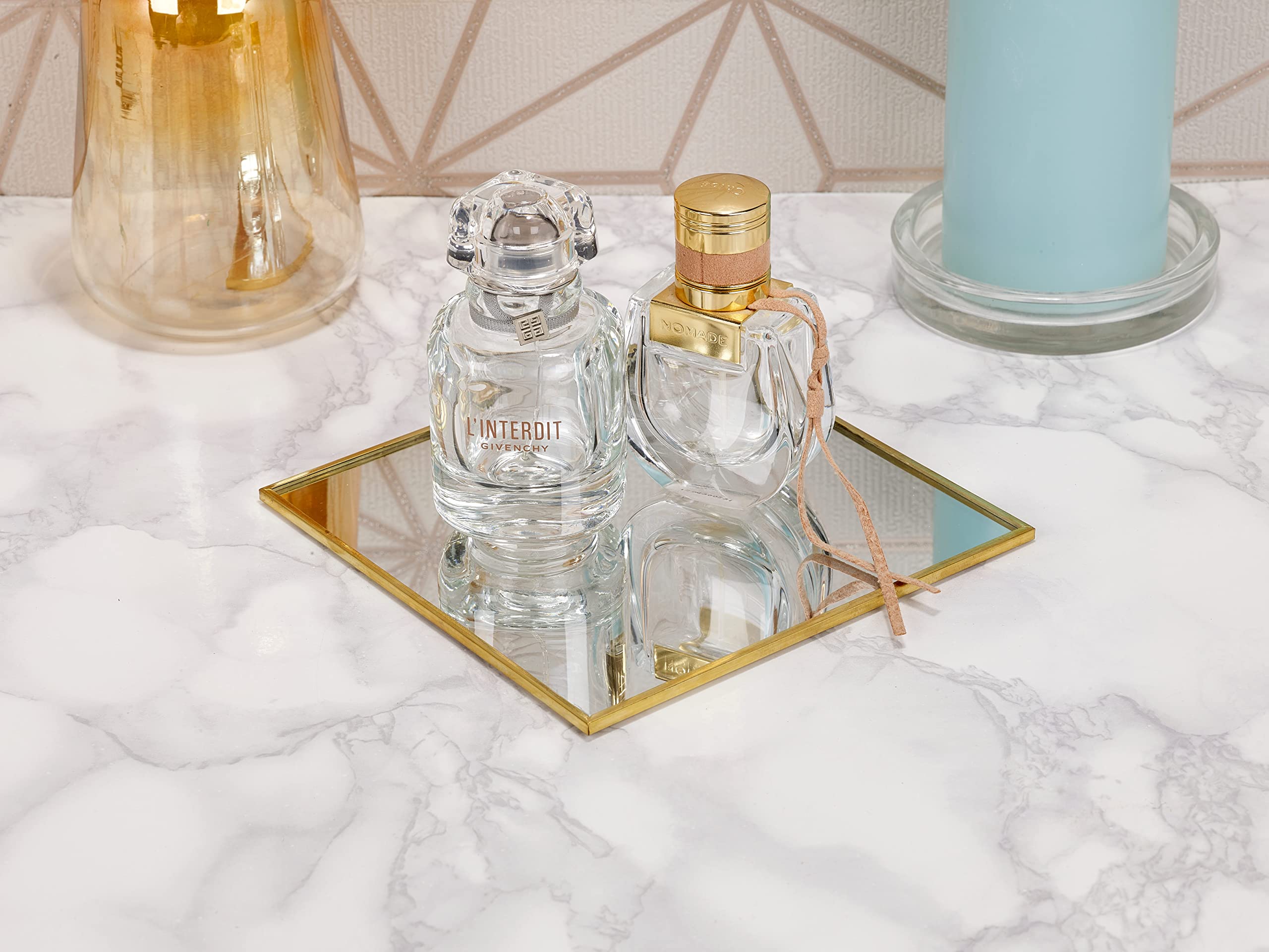 URBNLIVING 15cm Decorative Glass Mirror Display Plate Vanity Candle Centrepiece Décor Tray (2 x Gold Square)