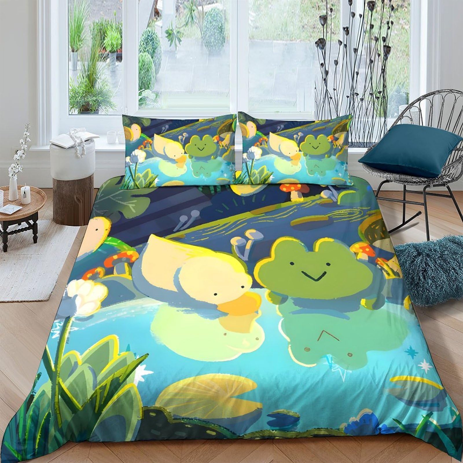 Ctjqhvkz Style-3 3D Printed Cartoon Duck Fitted Sheet Microfiber Soft Non-Slip Frog Pond Bed Cover For Bedroom Dorm Mattress Protection Decor Single（135X200cm）