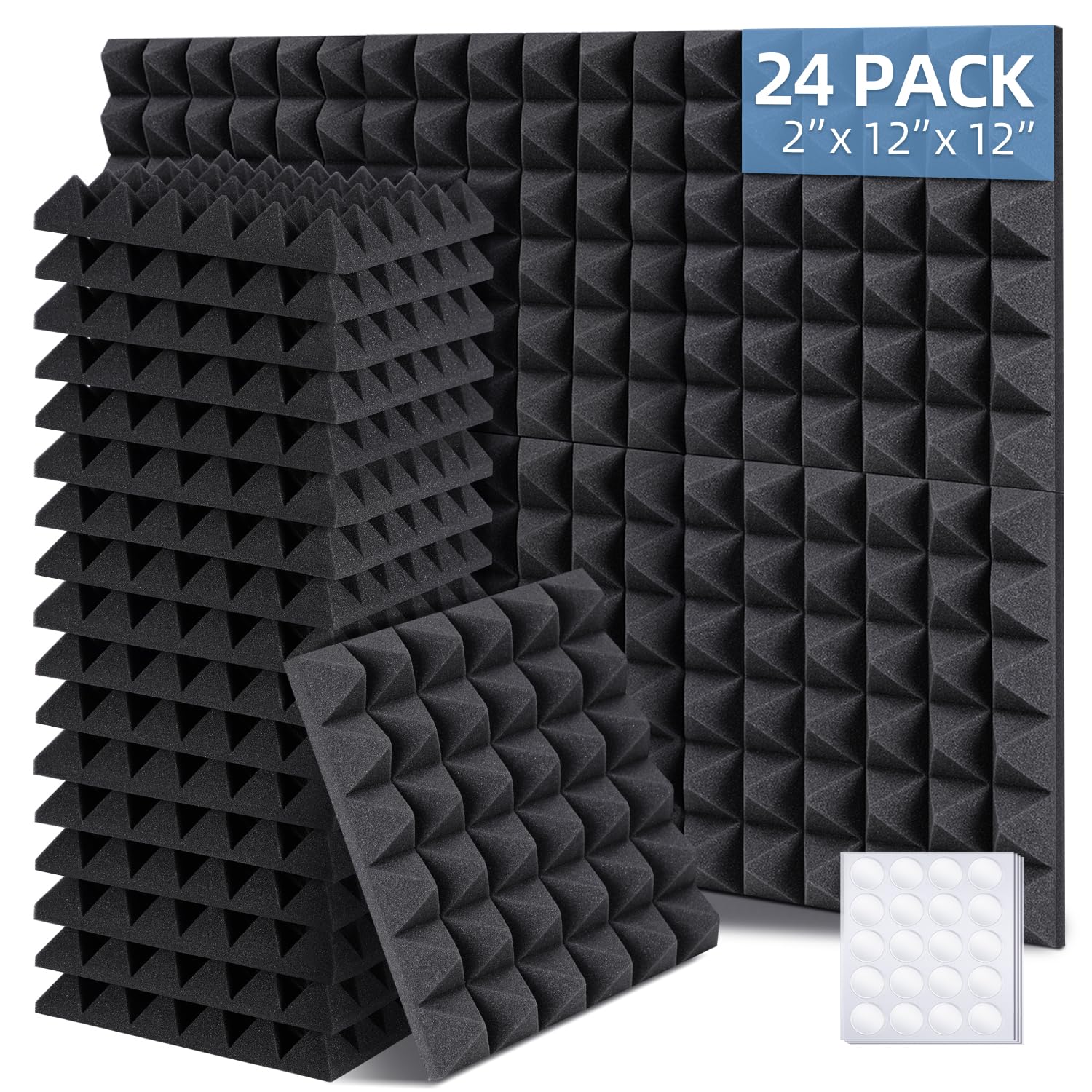 Ohuhu Schallschutzplatten 24 Stück mit Aufkleber, 30 x 30 x 5 cm Akustikschaumstoff Pyramidenplatten Schalldämmung Akustikpaneele für Tonstudio Podcasts Youtube-Zimmer