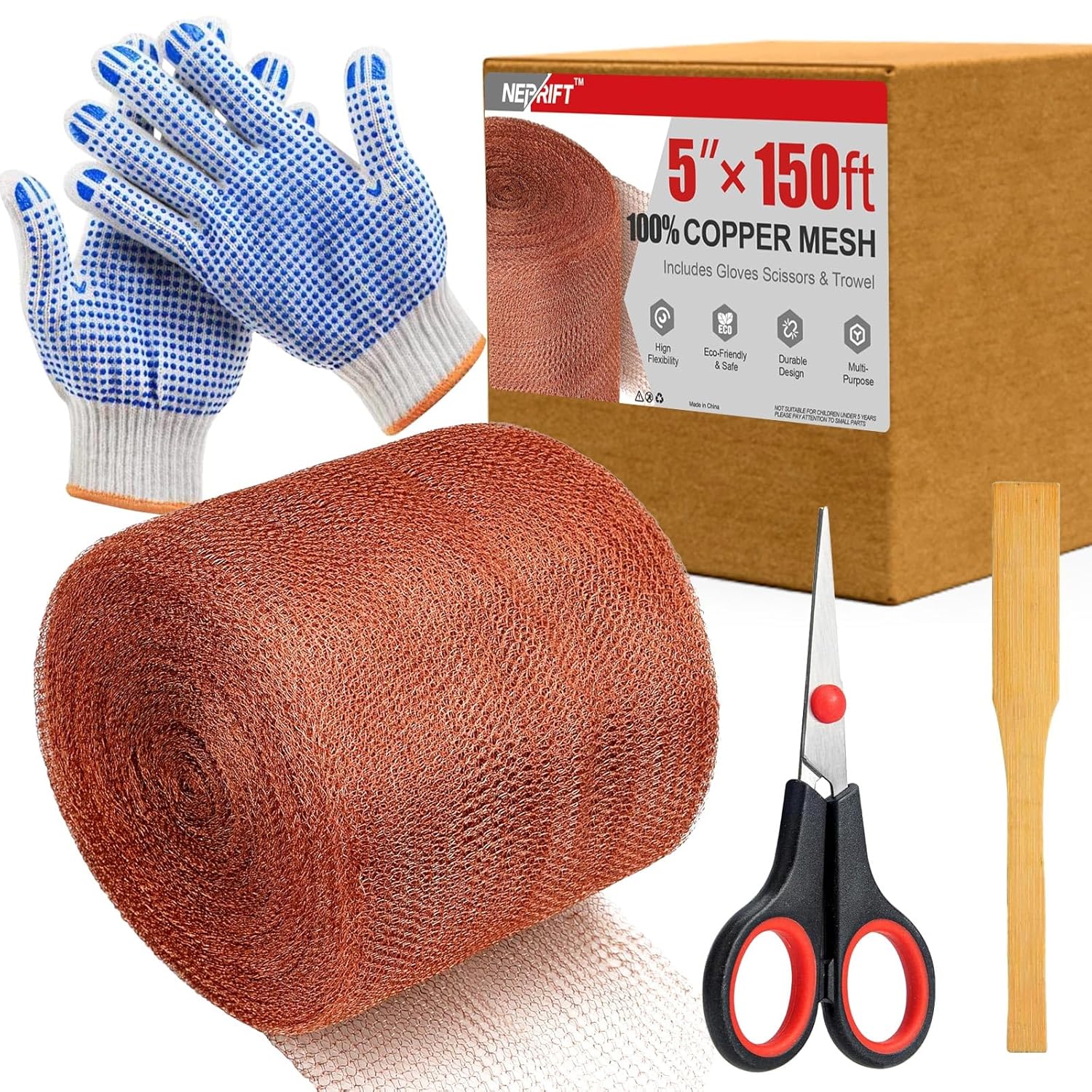 5 Inch×150 ft Copper Mesh Rodent Control Kit, 100% Pure Copper Roll for Professional Pest Barrier and Hole Blocking, Ideal for Large Garden and Extensive Home Sealing, with Scissors, Gloves, Trowel