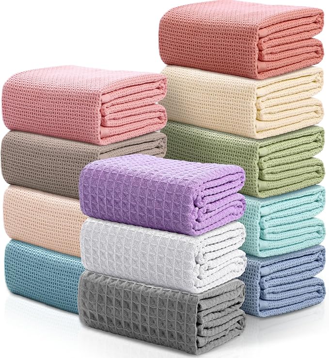 Buryeah 12 Pcs Waffle Bath Towels Waffle Knit Weave Cotton 28 x 55 Inch Colorful
