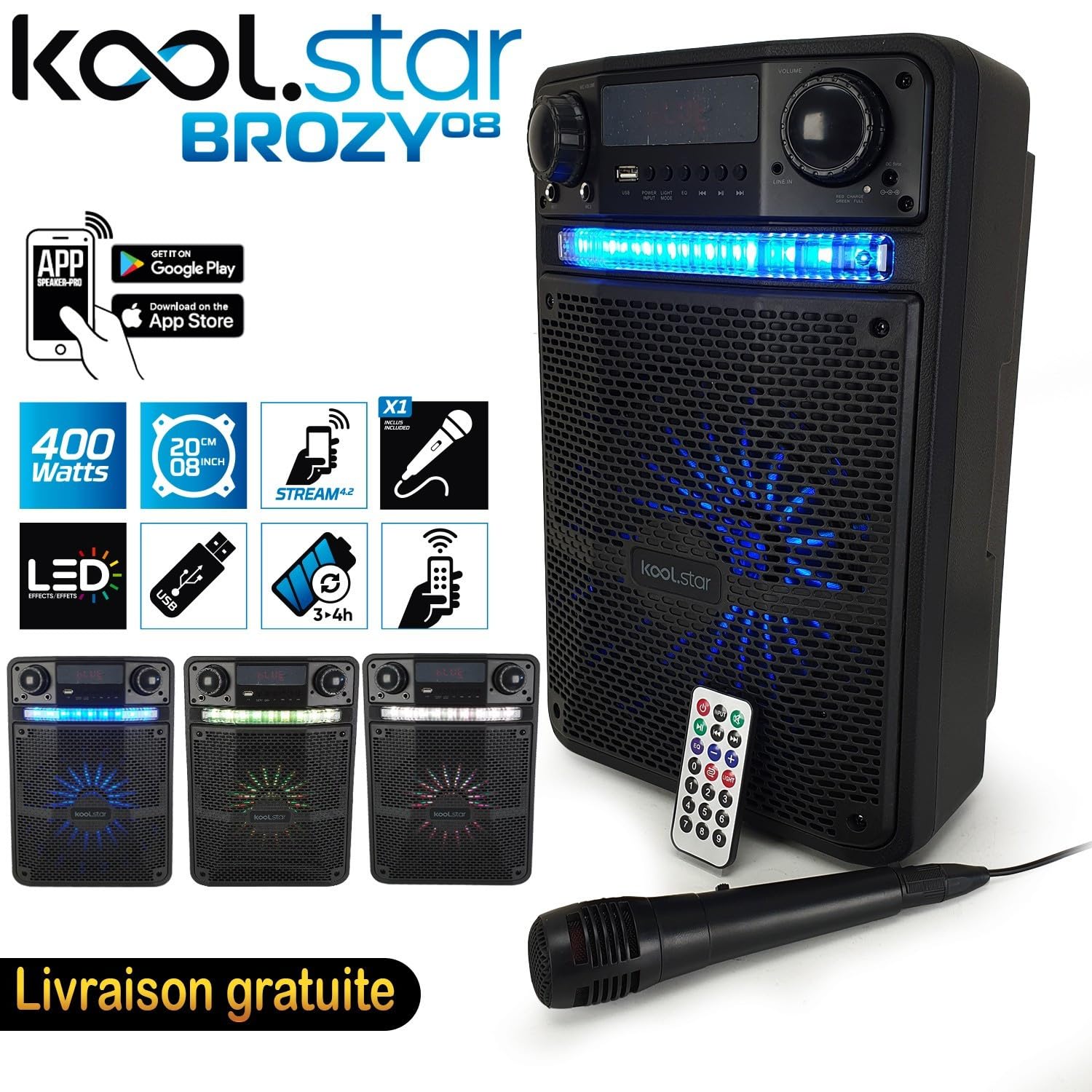 Baffle Karaoke per bambini, a LED, 400 W, batteria Koolstar – 2 microfoni + app Smartphone USB/Bluetooth/radio FM