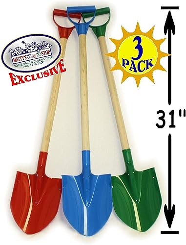 Miniatura 8 de Matty's Toy Stop Palas de arena de madera resistente de 31 pulgadas con pala y mango de plástico (rojo, azul y verde) paquete completo de regalo,