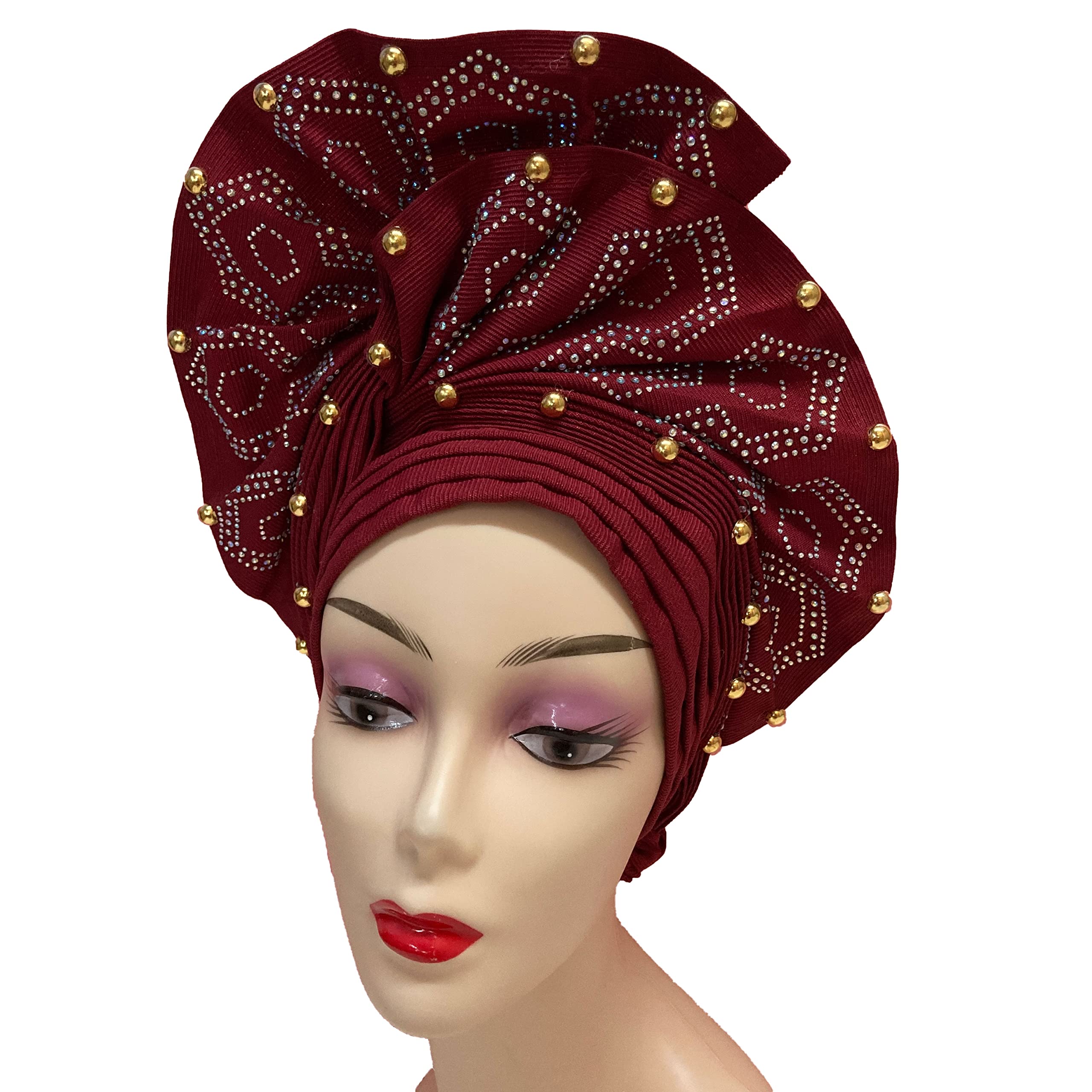 SugeGasa Nigerian Aso Oke Auto Gele Headtie With Beads & Stones - Pre-Made African Head Wrap For Women, Parties & Weddings - View #2