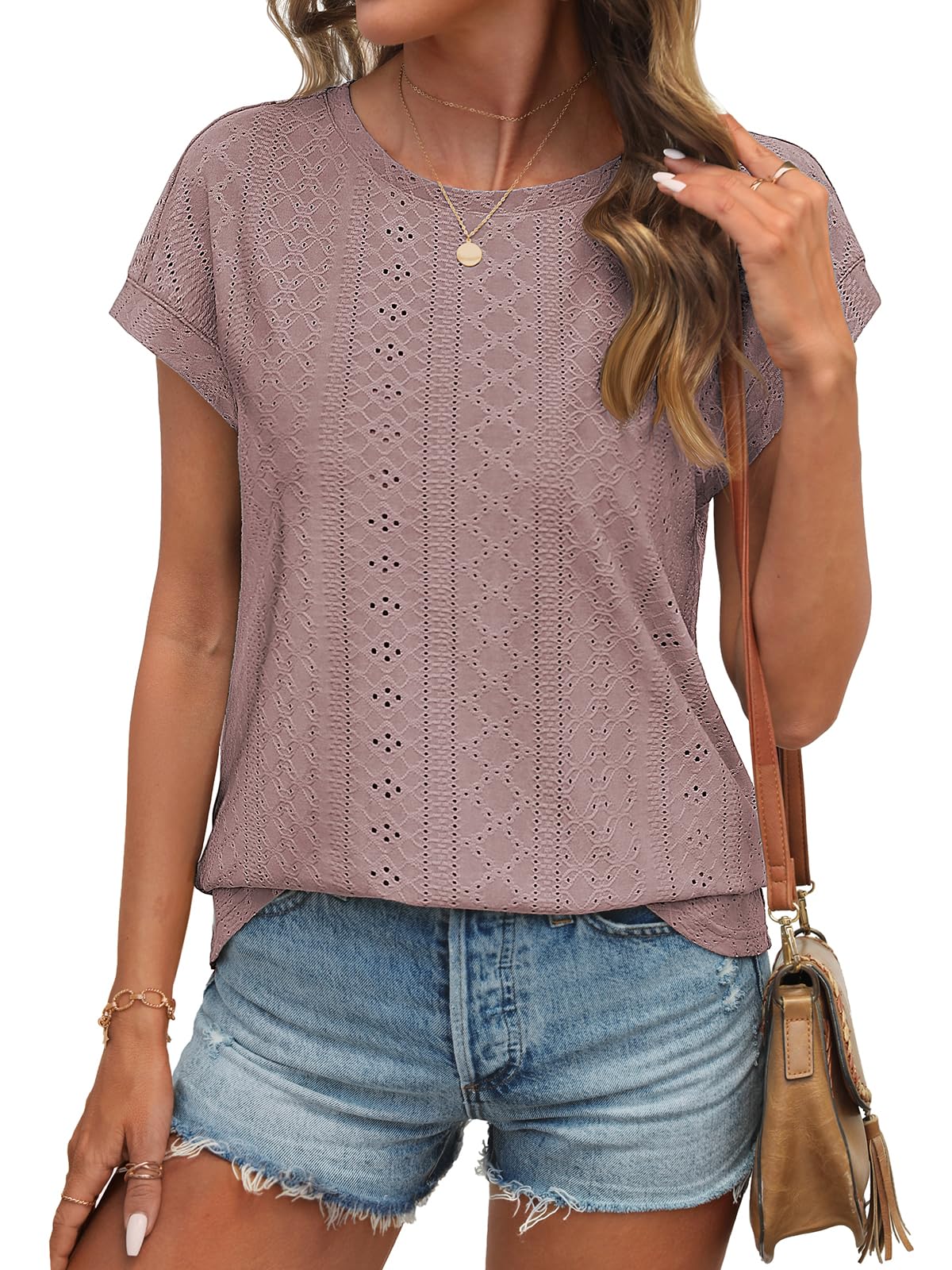 ATHMILE Tops for Women Trendy Short Sleeve Shirts Dressy Casual Cap Blouses with Curved Hem Summer Clothing