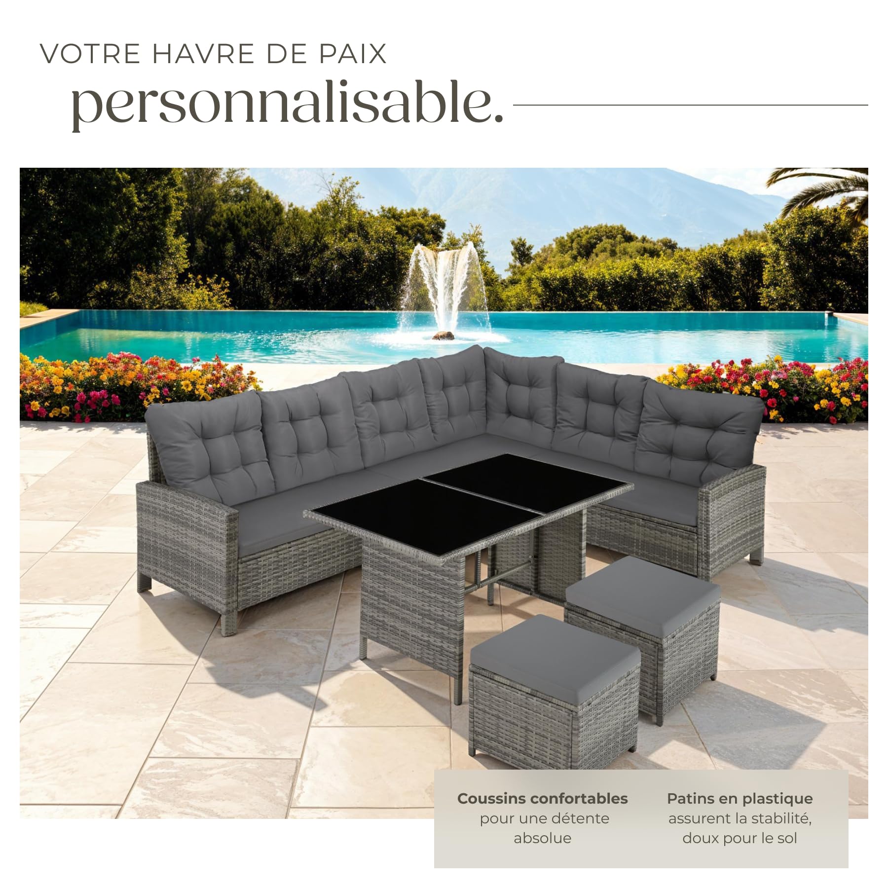 tectake® Salon de Jardin en Poly Rotin Modulable 1 Canapé de Jardin Exterieur d’Angle 1 Table Jardin 2 Tabouret Pouf Mobilier pour Amenagement Balcon et Terrasse - Gris Tacheté/Gris