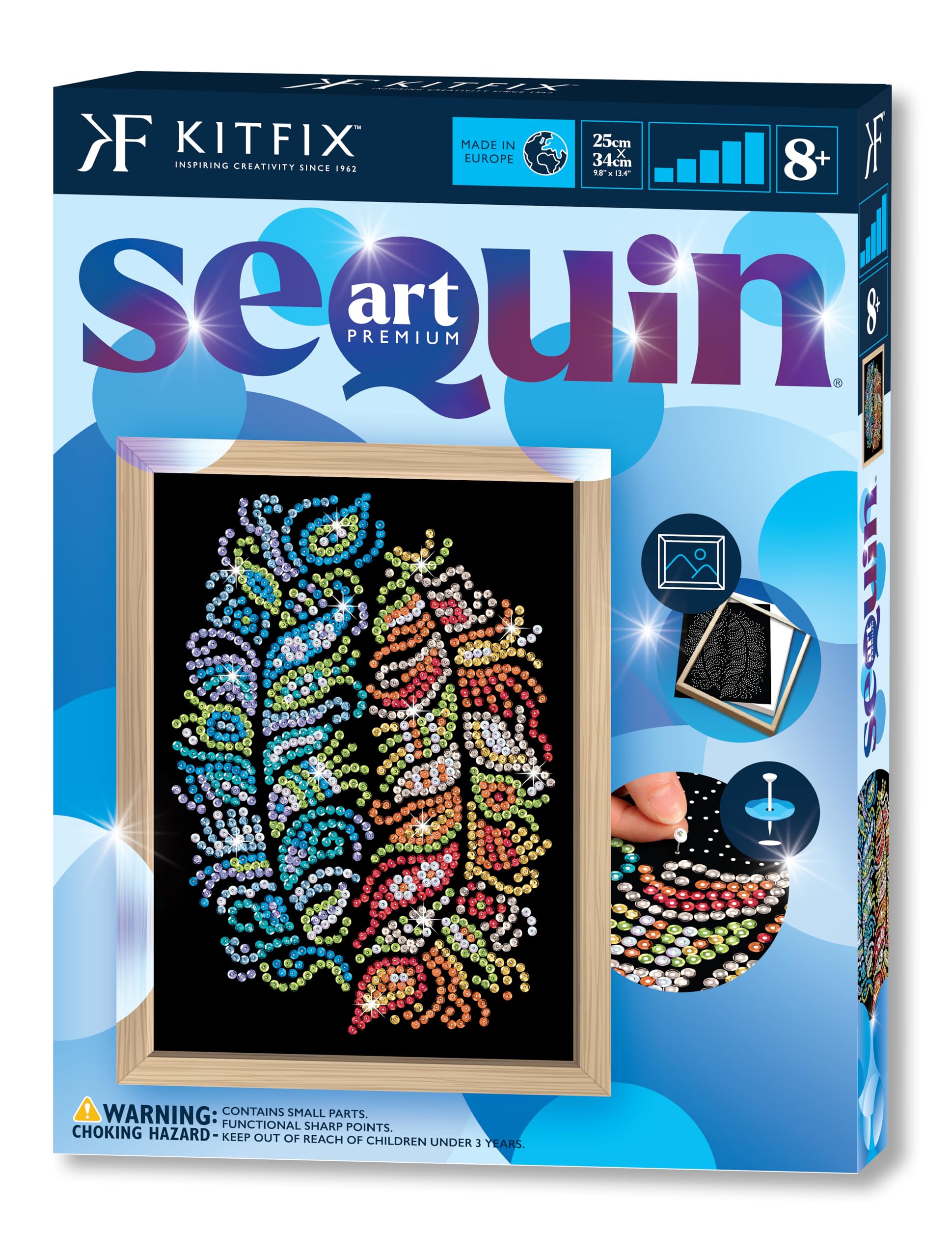 Kitfix - Sequin Art Feathers with Wooden Frame - 27 x 36cm - Sequin Art Blue Premium - Creative Set - Craft Kit for Adults, Teenagers and Children Aged 8+ - 2222