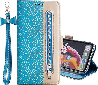 Didan Funda tipo cartera con cremallera para Samsung Galaxy A54 5G, con empalme de encaje de piel sintética con tapa y función atril, a prueba de golpes, para Samsung Galaxy A54 5G, color azul