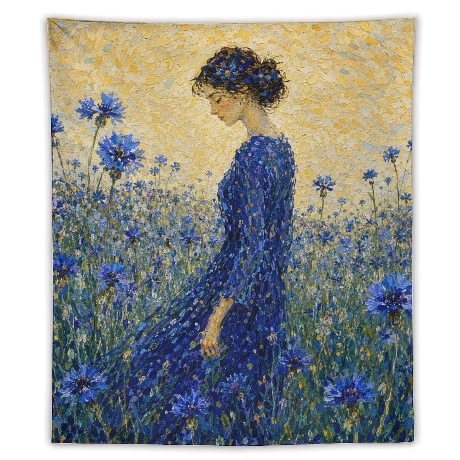 H3B8U2Y5 Woman in Blue Flower Field Wall Tapestry, Impressionist Botanical