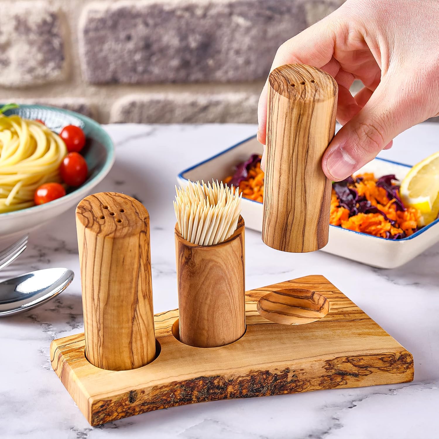 CRYSTALIA Olive Wood Salt, Pepper Shaker Toothpick Holder Set with a Unique Base, Handmade Round Tall Wooden Shakers, Rustic Pepper Holder & Salt Container, Modern Table Décor Set with Retro Stoppers