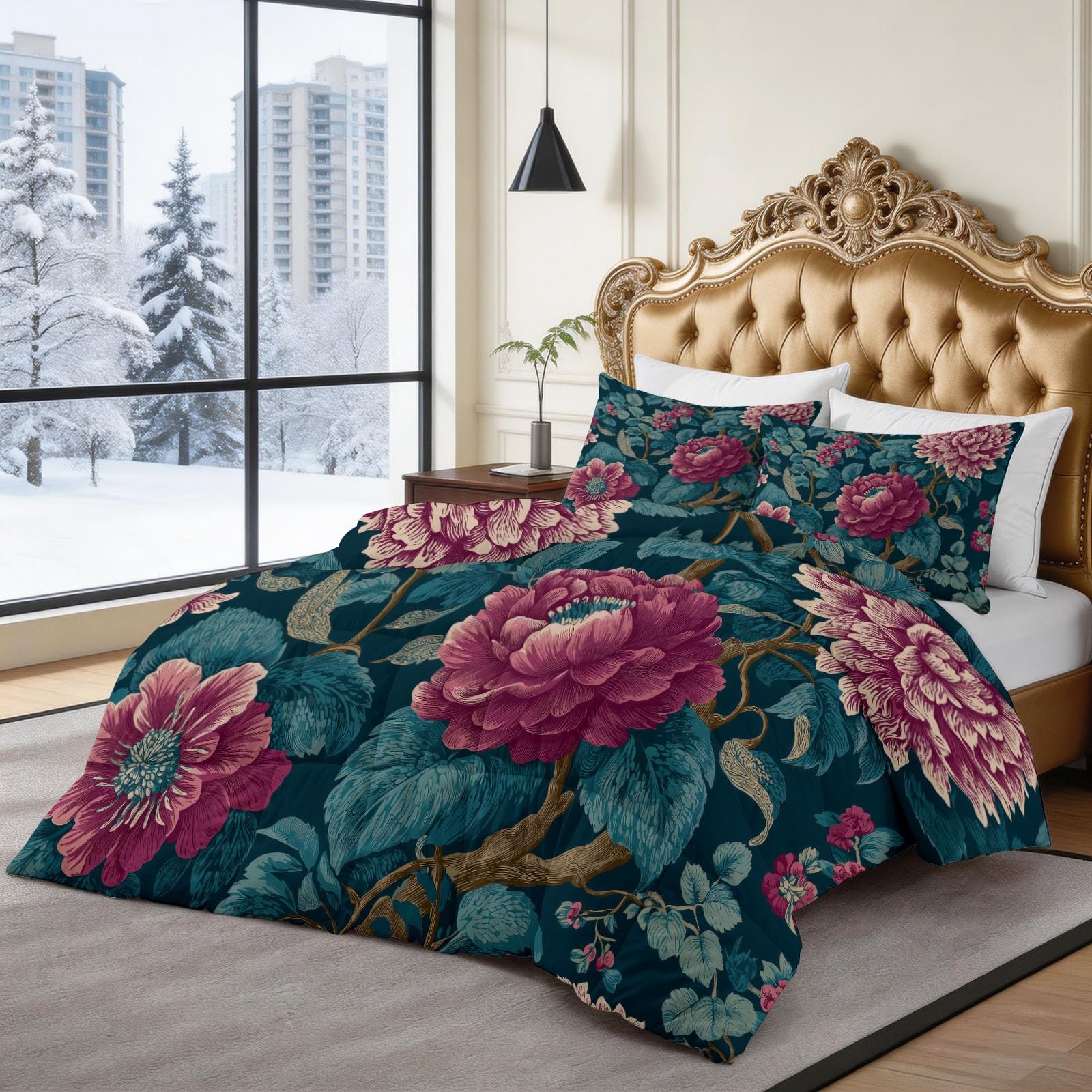 Generico Zimowa kołdra puchowa 140 x 200 cm wiejskie kwiaty winorośl kołdra z pianki 400 g/m², ciepła i elegancka, antyalergiczna i oddychająca pościel 3-częściowy zestaw, niebiesko-zielony