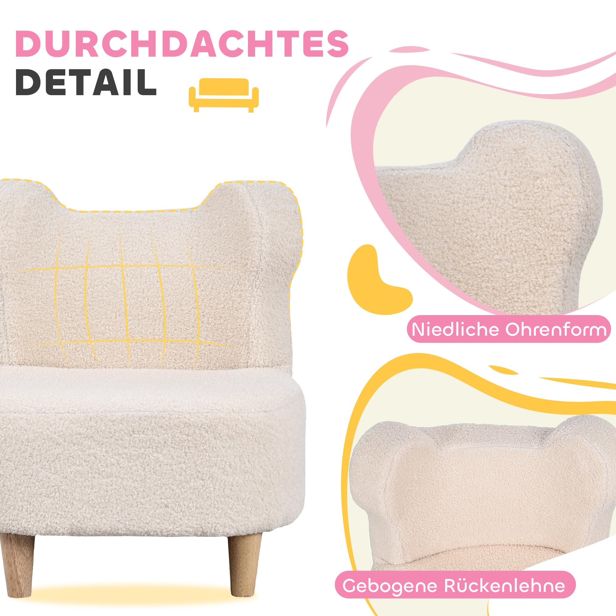 AIYAPLAY Kindersessel Kindersofa mit Teddyfleece-Optik, Bärenform massiven Holzfüßen Kinderstuhl für Kinderzimmer, Spielzimmer, 47 x 43 x 53 cm, für Kinder 1,5-3 Jahre Beige