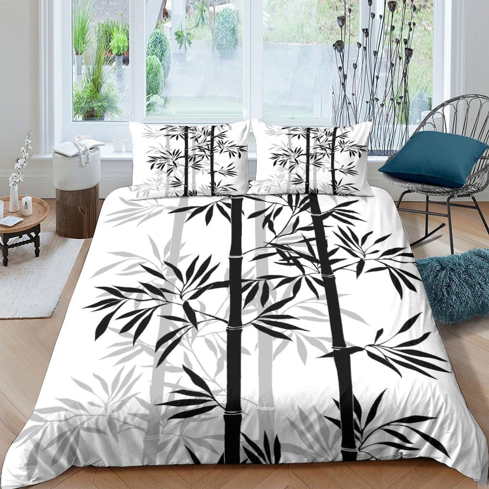 GPLZQXKJNH 3D Printed Black Bamboo Duvet Cover Microfiber Soft Breathable Asian Zen Bedding Set with 2 Pillowcases for Bedroom Decor Single（135x200cm）