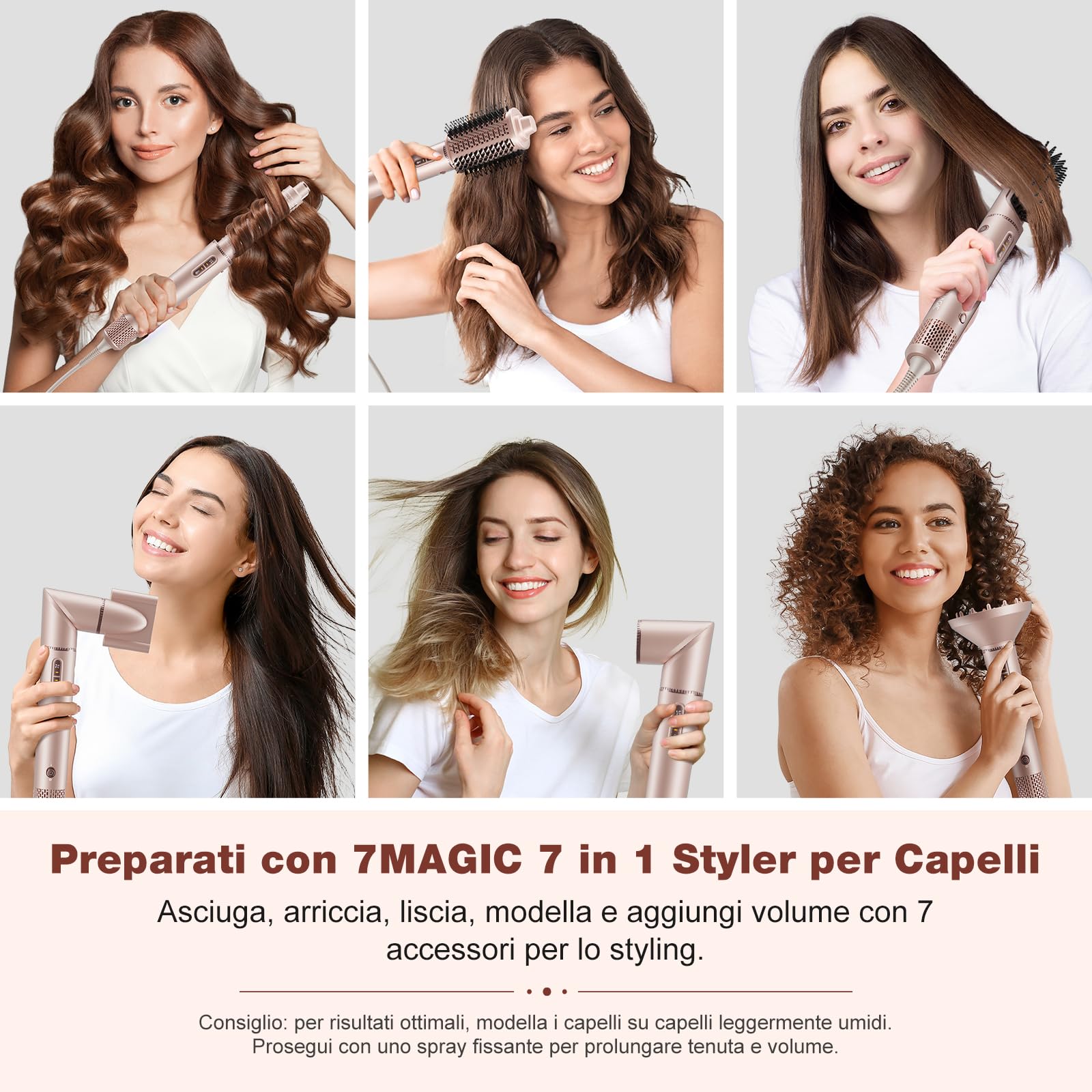 7MAGIC 7 in 1 Air Styler, Asciugacapelli Ionico, Spazzola Ad Aria Calda, Spazzola Lisciante, Arricciacapelli Automatico, Modellatori Multifunzione, Nessun Danno da Calore, con Custodia da Viaggio