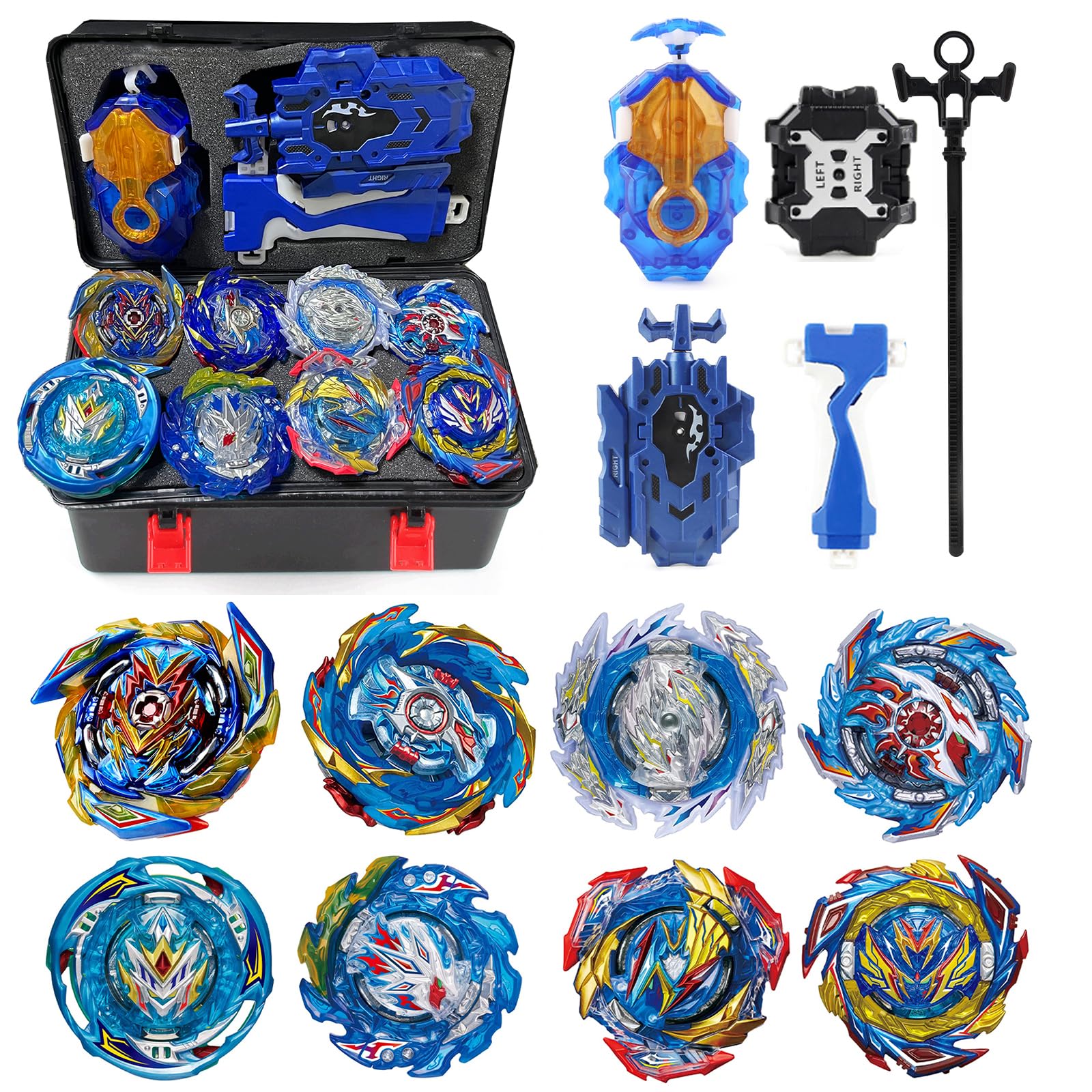 8pcs Peonzas Turbo Punta Giratoria Juego de Regalo 4D con Giroscopio y Lanzador，Blue