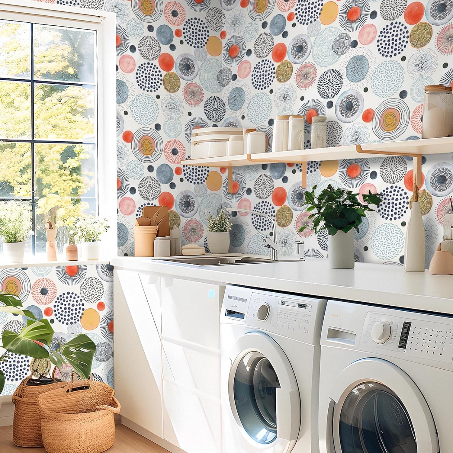 17.5"x475" Boho Peel and Stick Wallpaper Mid Century Modern Abstract Circle Wallpaper for Nursery Kids Room Circle Geometric Art Deco Contact Paper for Bedroom Bathroom Walls Cabinets Removable