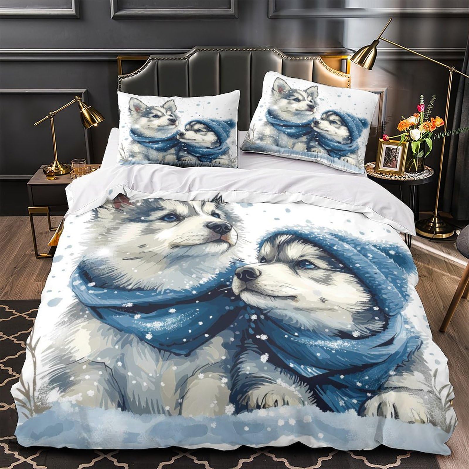 Coppia Lupo Carina 3D Stampata Copripiumino Microfibra Arredo Camera Set Biancheria da Letto Lupi Morbido per Adulti Giovani Casa Super king（260x220cm）