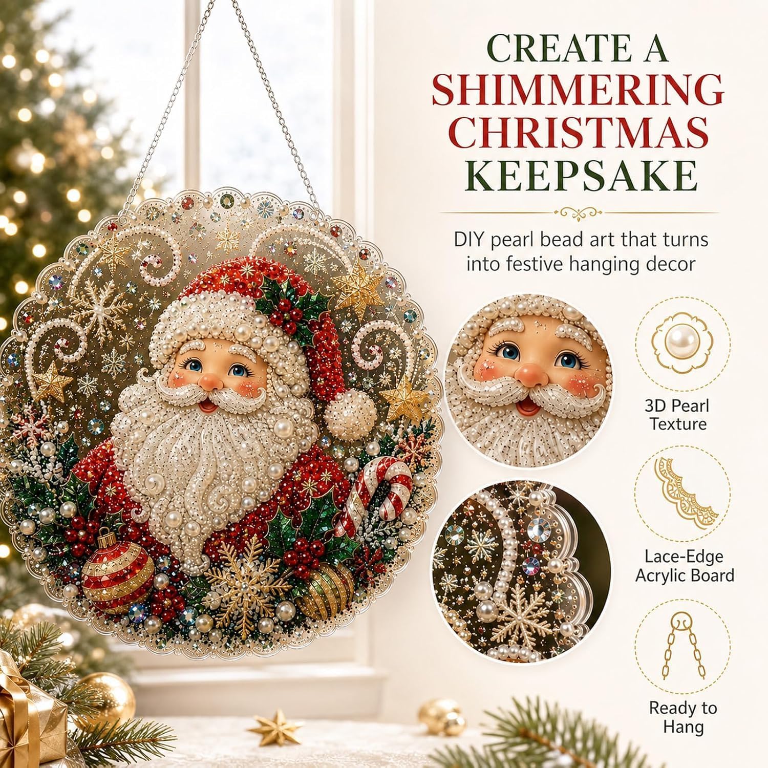 Christmas Pearl Diamond Art Suncatcher Kit, DIY Craft | Pre-Assembled Metal Chain, Acrylic Round Board with Lace Edge, 3D Pearl Beads Craft, Festive Window Wall Decor (Santa Claus)