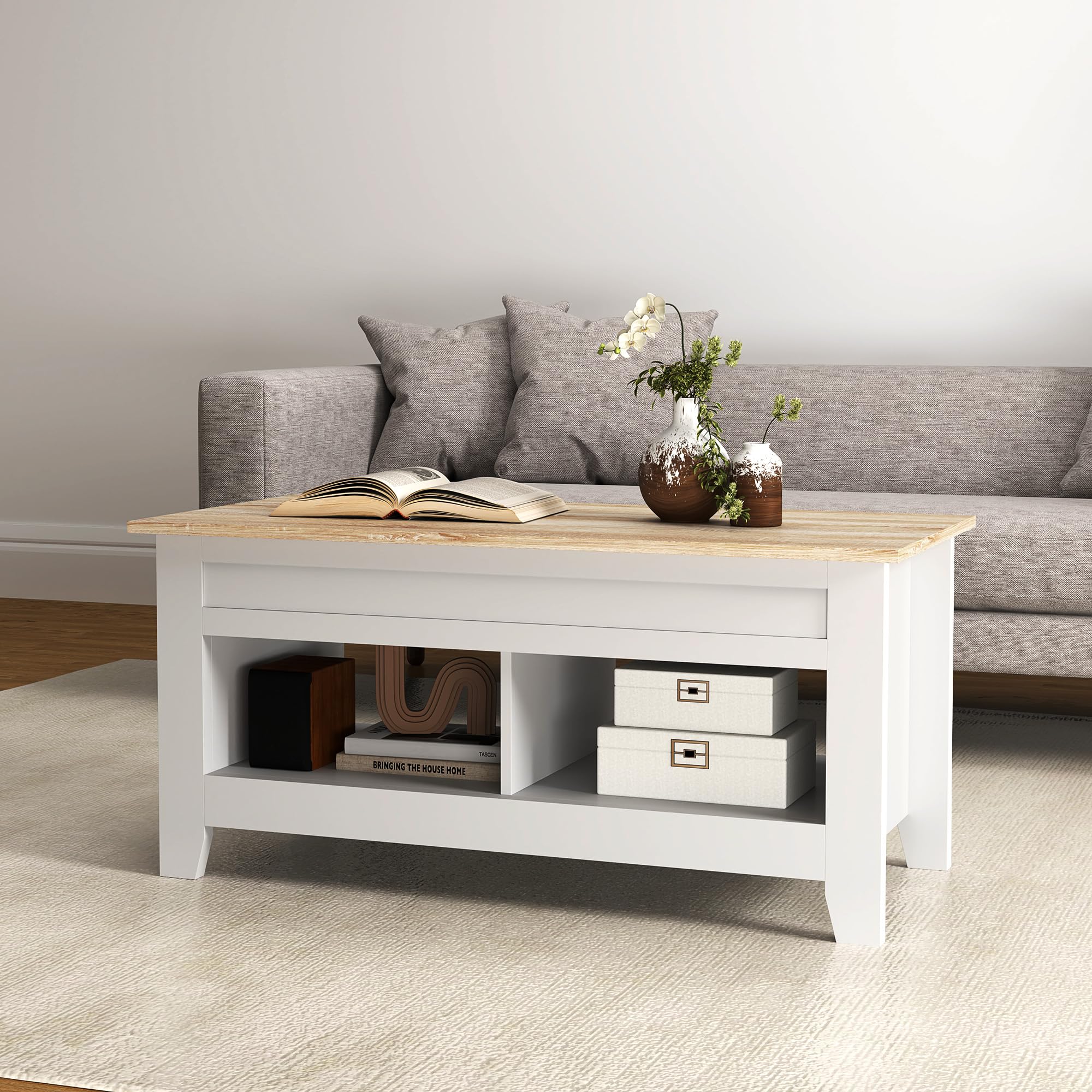 HOMCOM Mesa de Centro Elevable Mesa de Café con Encimera Elevable 2 Compartimentos Abiertos y Espacio Oculto de Almacenaje 105x50x49 cm Blanco y Natural