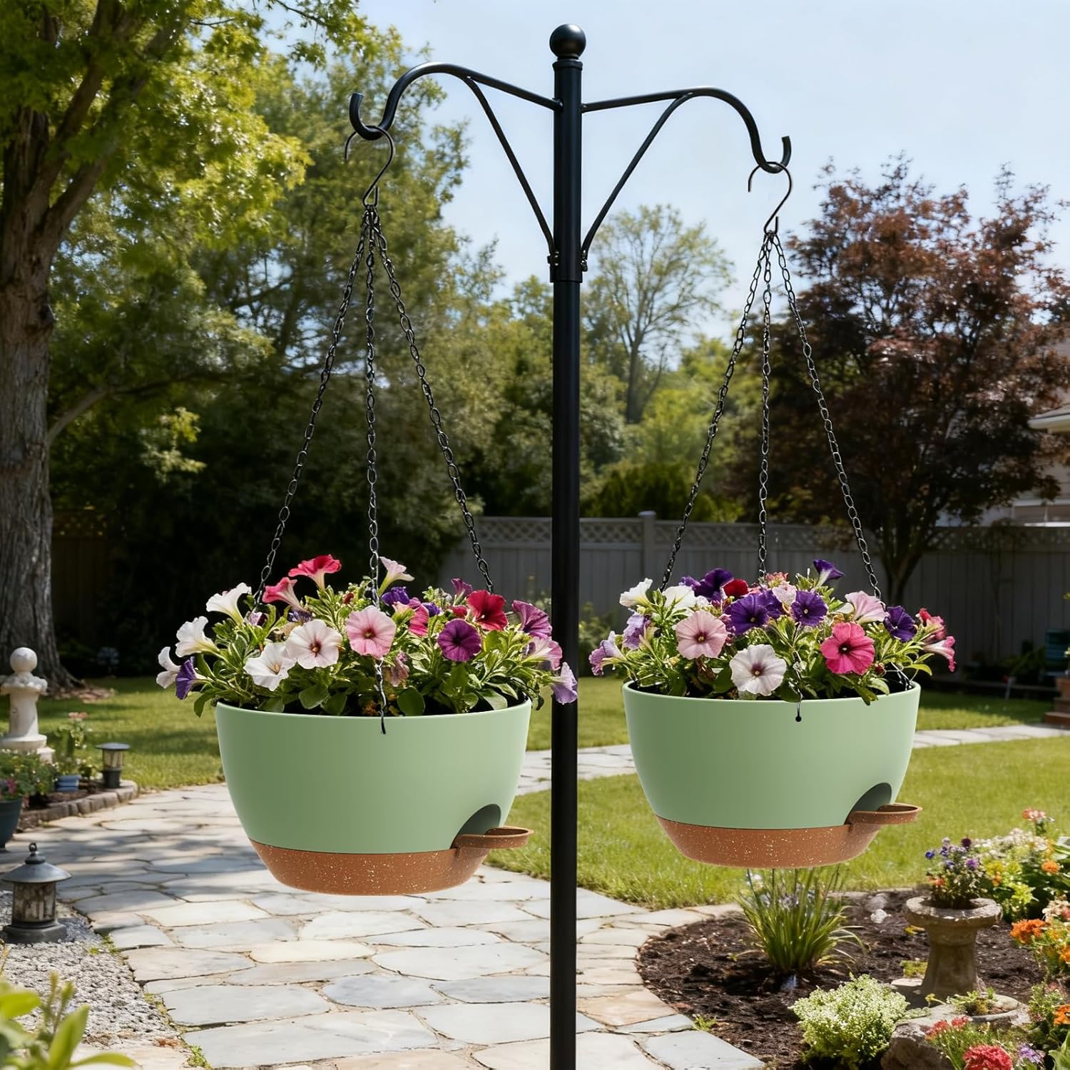 13 Inch 2 Pack Large Self Watering Hanging Planters for Indoor Outdoor Plants, Hanging Plant Pots with Removable 50 Oz Reservoir, Plastic Hanging Basket for Window Porch Garden, Green with Brown