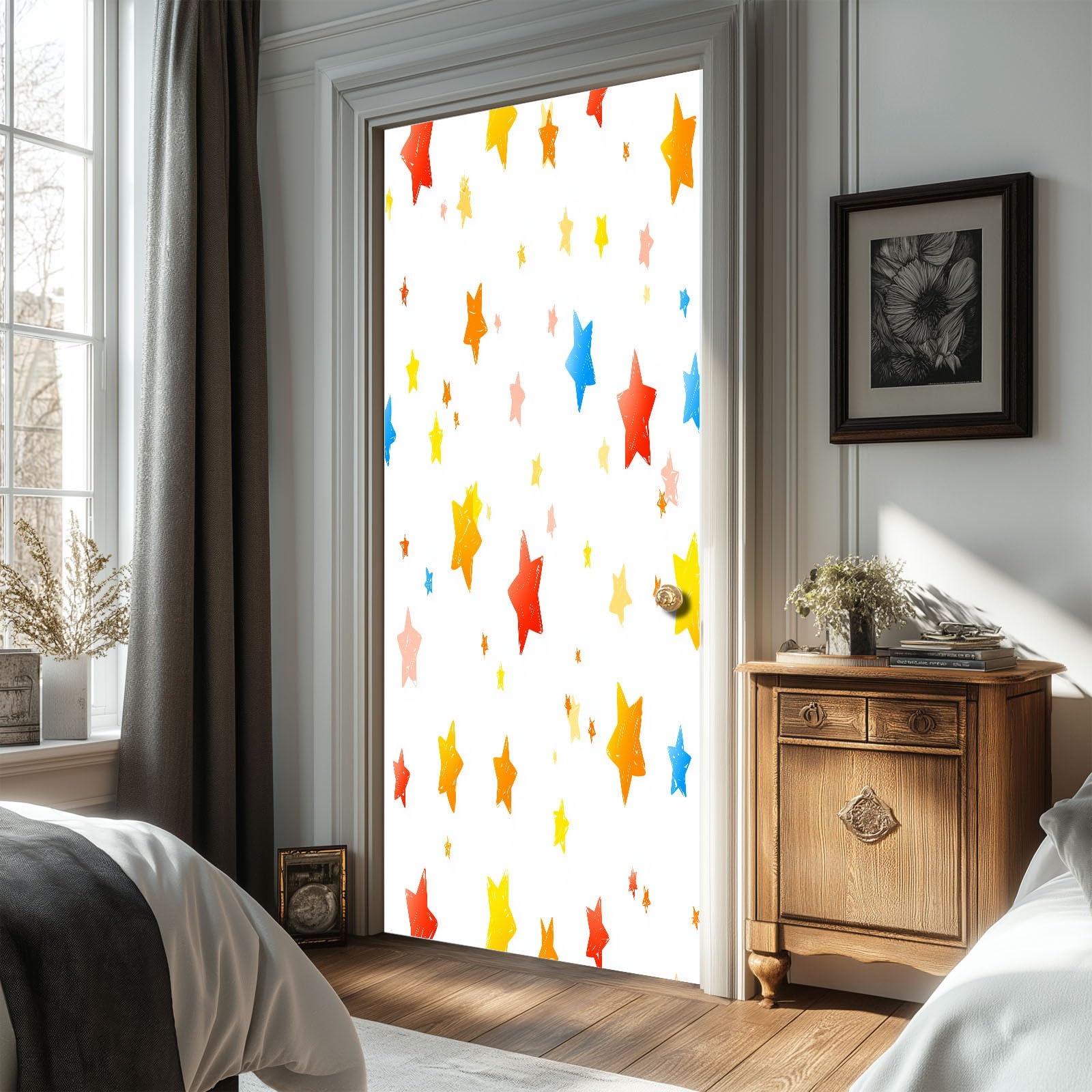 Tapeta na drzwi, samoprzylepna, kolorowe gwiazdy, plakat na drzwi, prosty styl, naklejka na drzwi, wodoszczelna, zdejmowana fototapeta, obraz ścienny, do salonu, sypialni, łazienki, 95 x 215 cm (szer
