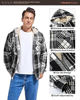 Veusna Men's Cotton Plaid Long Sleeve Shirts Jacket Fleece Lined