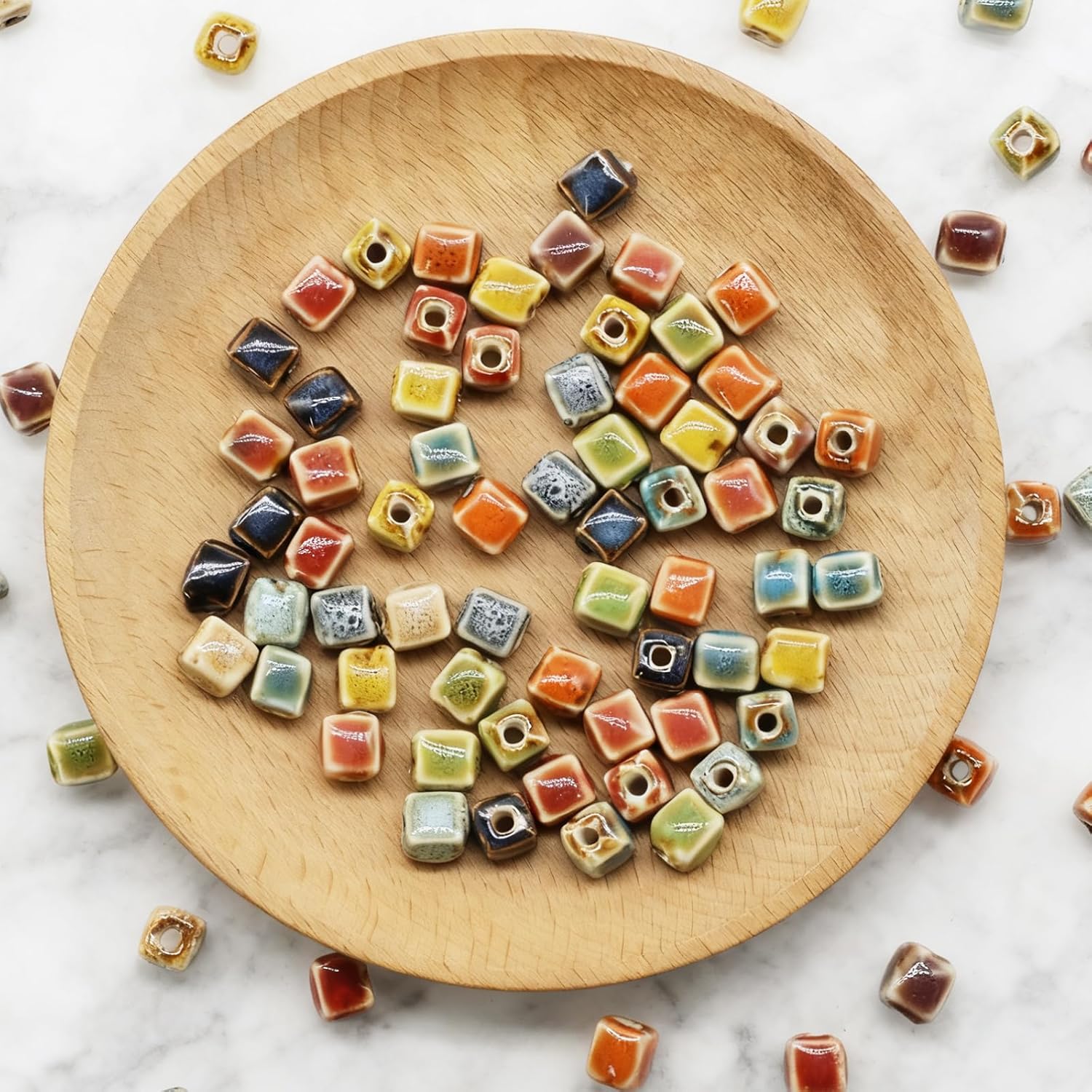 Decoendiy 100Pcs Ceramic Cube Beads, Geometric Square Beads, Handmade Porcelain Painted Beads, Loose Shaped Spacer Beads, for Jewelry Making DIY Bracelets Crafts Supplies - Image 6
