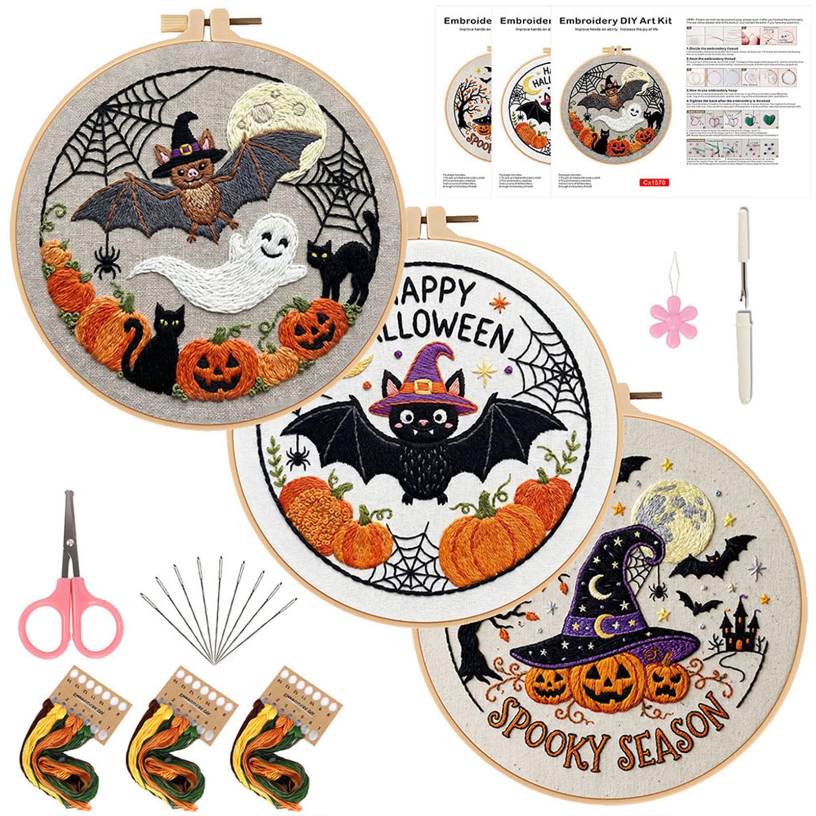POETRYDRAW 3Pcs Moonlight Bat DIY Cotton Embroidery Kit with Embroidery Hoop Pre-Printed Pattern Needlework 29x29cm Starter Hand Stitch Kits for Beginners Adults (Moonlight Bat)