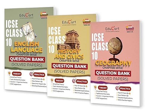 Educart ICSE Class 10 Question Bank 2025 + Solved Paper History | Civics | Geography | English Language for 2024-25 Exams (3 Books)