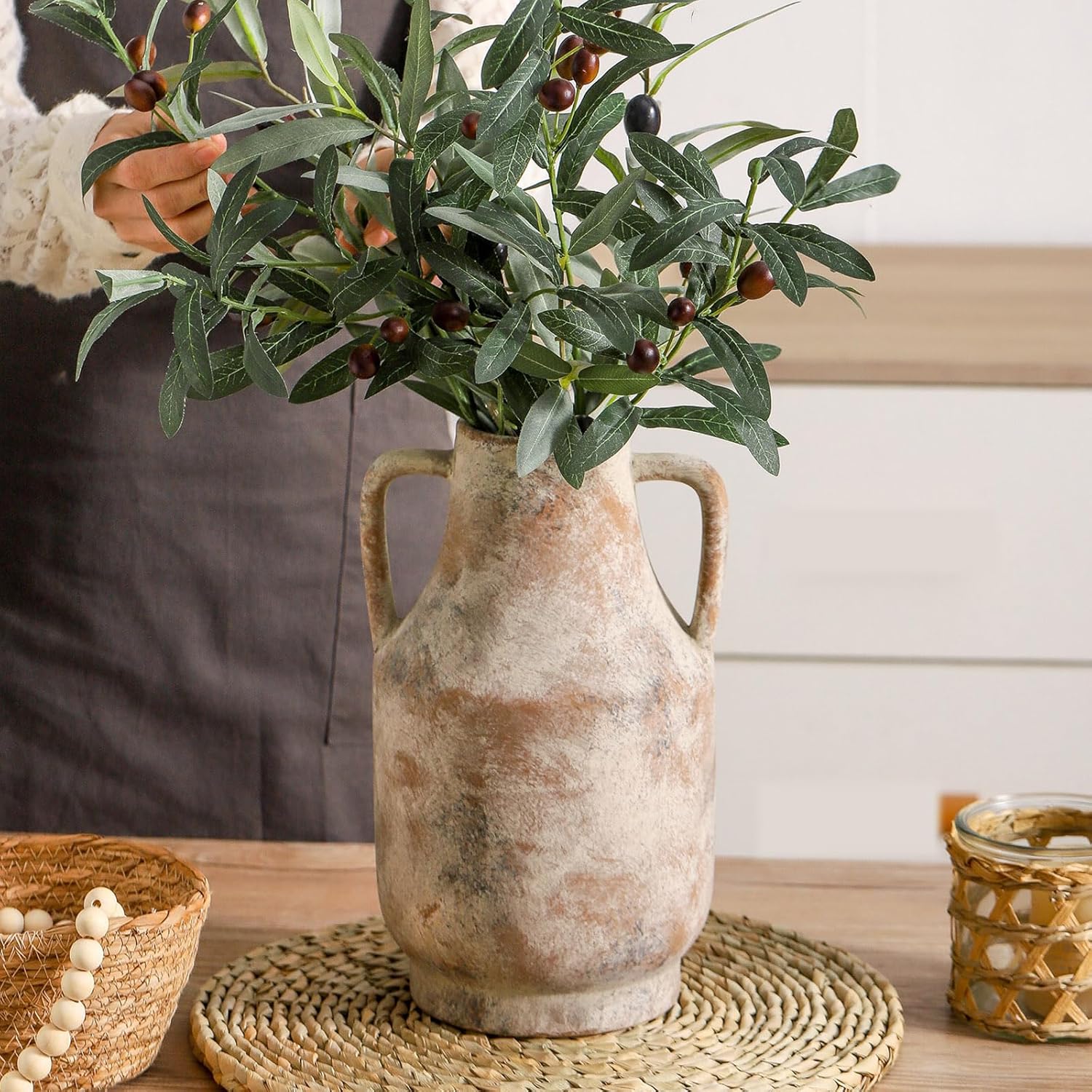 Mitt&Ditt Ceramic Flower Vase with Handles, 11 inch Tall Vase for Centerpieces, Large Decorative Terracotta Vases, Farmhouse Rustic Vases for Home Decor, Living Room, Table, Neutral - Image 8