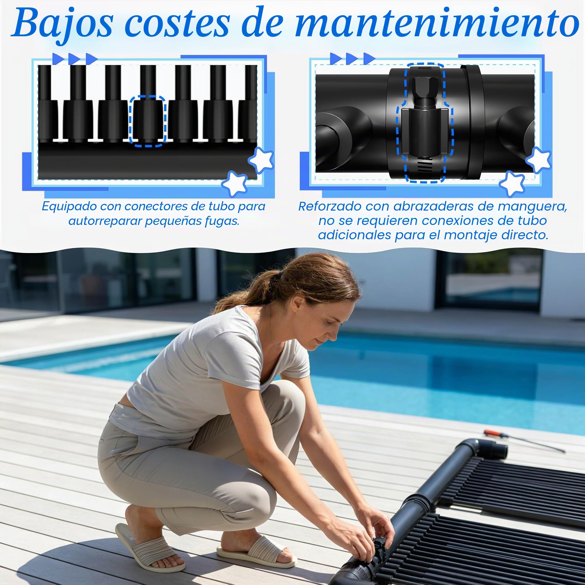 Froadp Calefacción solar colector solar para piscina, calentador de agua caliente, calentador de piscina solar, estera térmica de NBR+PVC, ampliable, negro, 300 x 70 cm