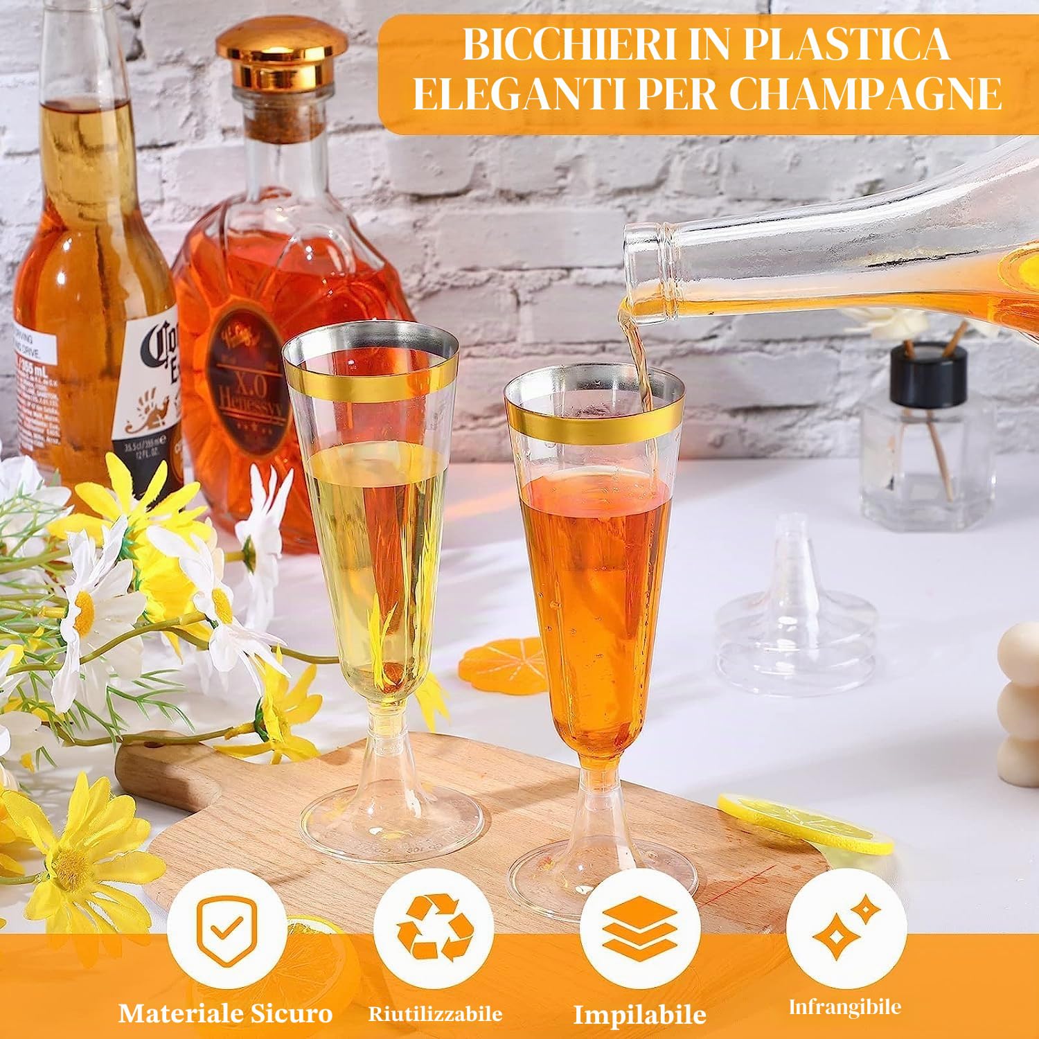 LATERN 50 Pezzi Riutilizzabili Flute da Champagne con Bordo in Dorato, 150ml Bicchieri da Champagne in Plastica Bicchieri da Vino con Gambo per Anniversario Matrimonio Giardino Feste (5,5 x 16,5cm)