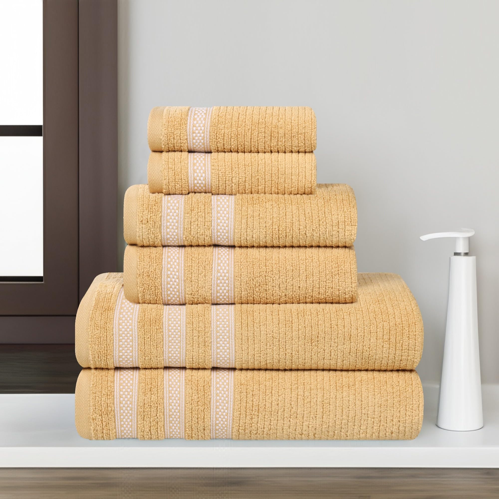Superior Cotton 6-Piece Towel Set Zero Twist Ribbed Geometric Bathroom Essentials Shower Spa Luxury Plush Soft Absorbent Towels