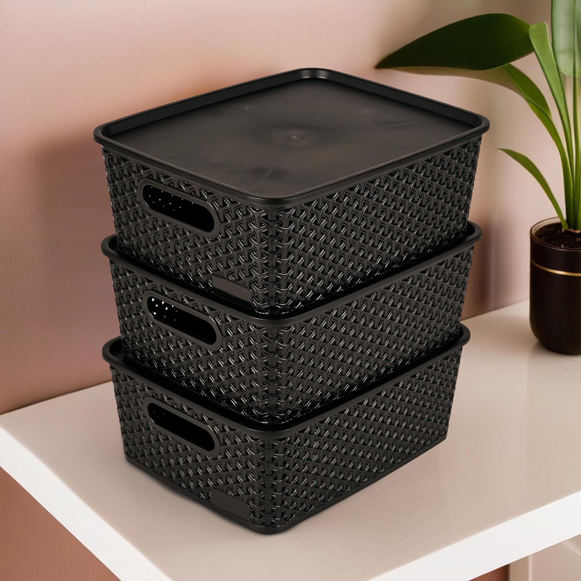 Kuber IndustriesKuber Industries 3 Pcs Stackable Plastic Rectangular Storage Box with Lid | H5 Multi-Purpose Basket for Storage - Ideal Home Organizers for Baby Dress, Stationary, Medicine & Pooja Items | Black