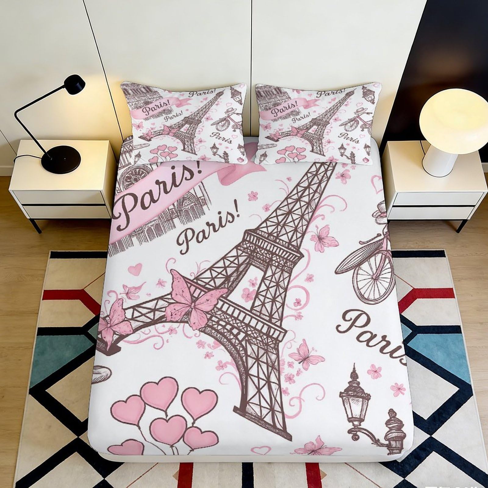 Jqzkxnhpbr Style-7 3D Printed Paris Eiffel Tower Fitted Sheet Microfiber Pink Romantic Hearts Mattress Cover Bedroom Decor 90X200x25cm