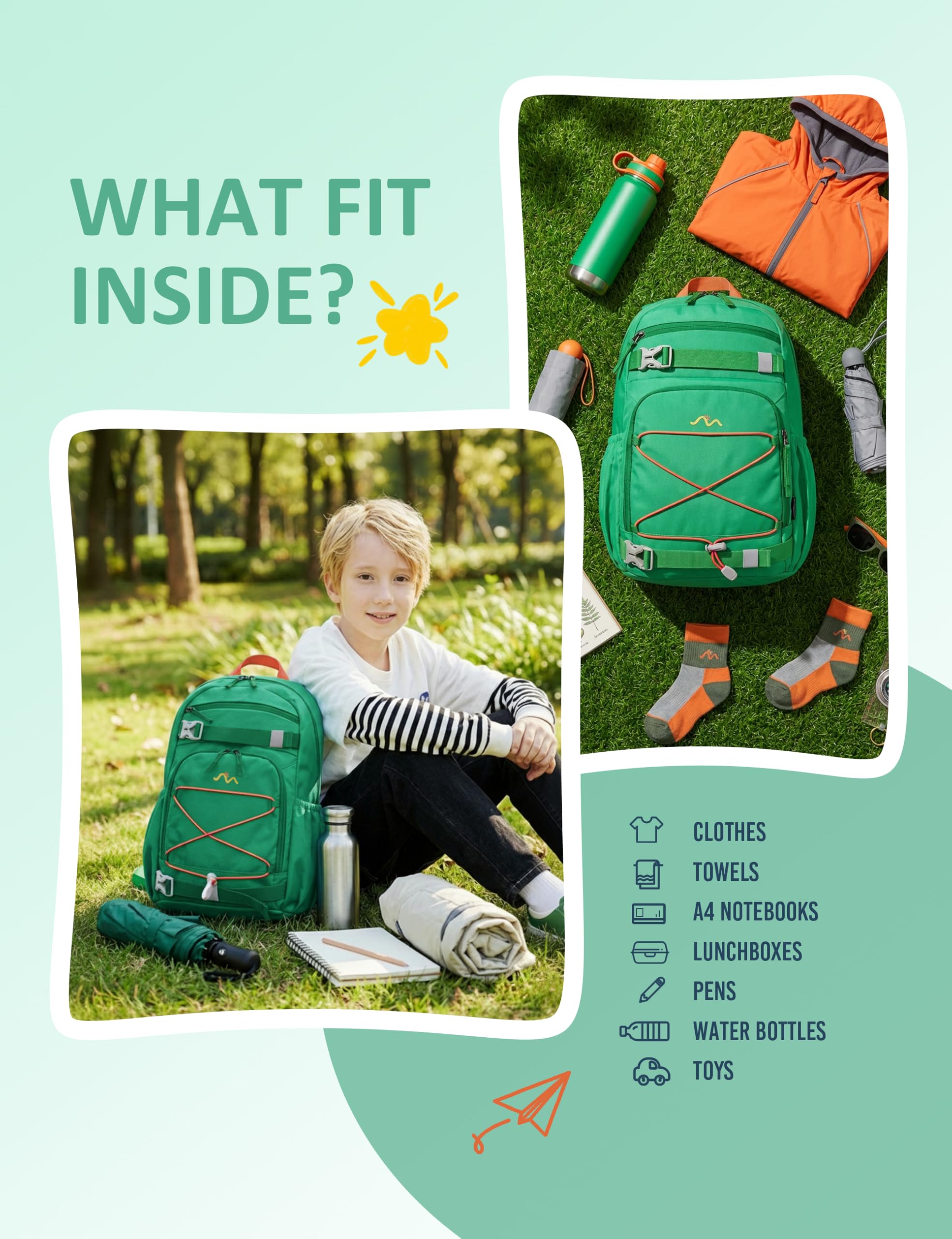 Mountaintop Zaino per bambini, 15 l, con cintura toracica, leggero, per ragazzi e ragazze, ideale per scuola ed escursioni (25 x 14 x 41 cm), ergonomico e traspirante